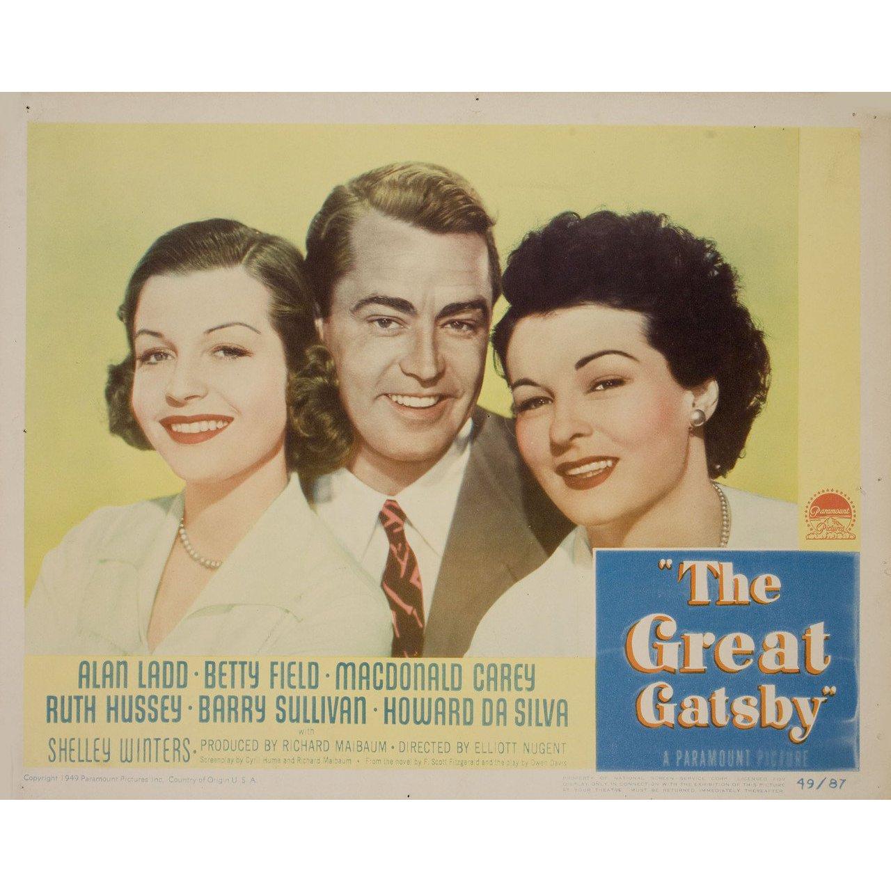 Original 1949 U.S. scene card for the film The Great Gatsby directed by Elliott Nugent with Alan Ladd / Betty Field / Macdonald Carey / Ruth Hussey. Very good-fine condition. Please note: the size is stated in inches and the actual size can vary by