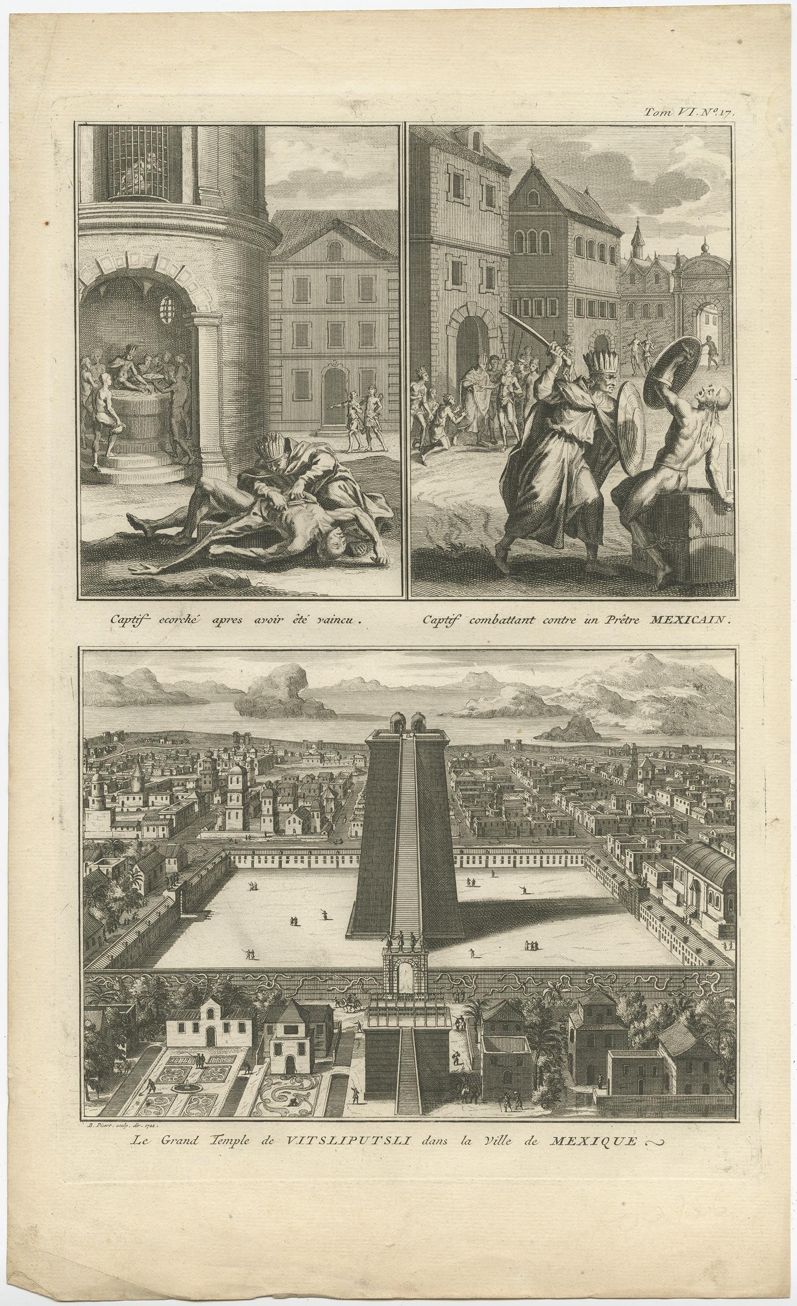 Antique print titled 'Captif ecorché apres avoir eté vaincu (..)'. Three images on one sheet. The first image shows a captive being flayed after he was killed, the second image shows a captive fighting against a Mexican priest. The third image shows