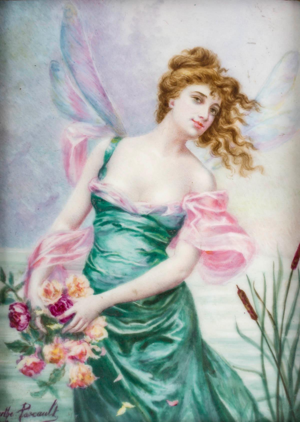 Berthe Pascault (XIX-XX)
Fata verde con rose

Berthe Pascault
La Fée Verte aux Roses
Olio policromo dipinto a mano su porcellana
Firmato in basso a sinistra
Cornice originale in legno dorato
Circa 1900
 Dimensioni della targa H 15 cm L 11,5 cm

La