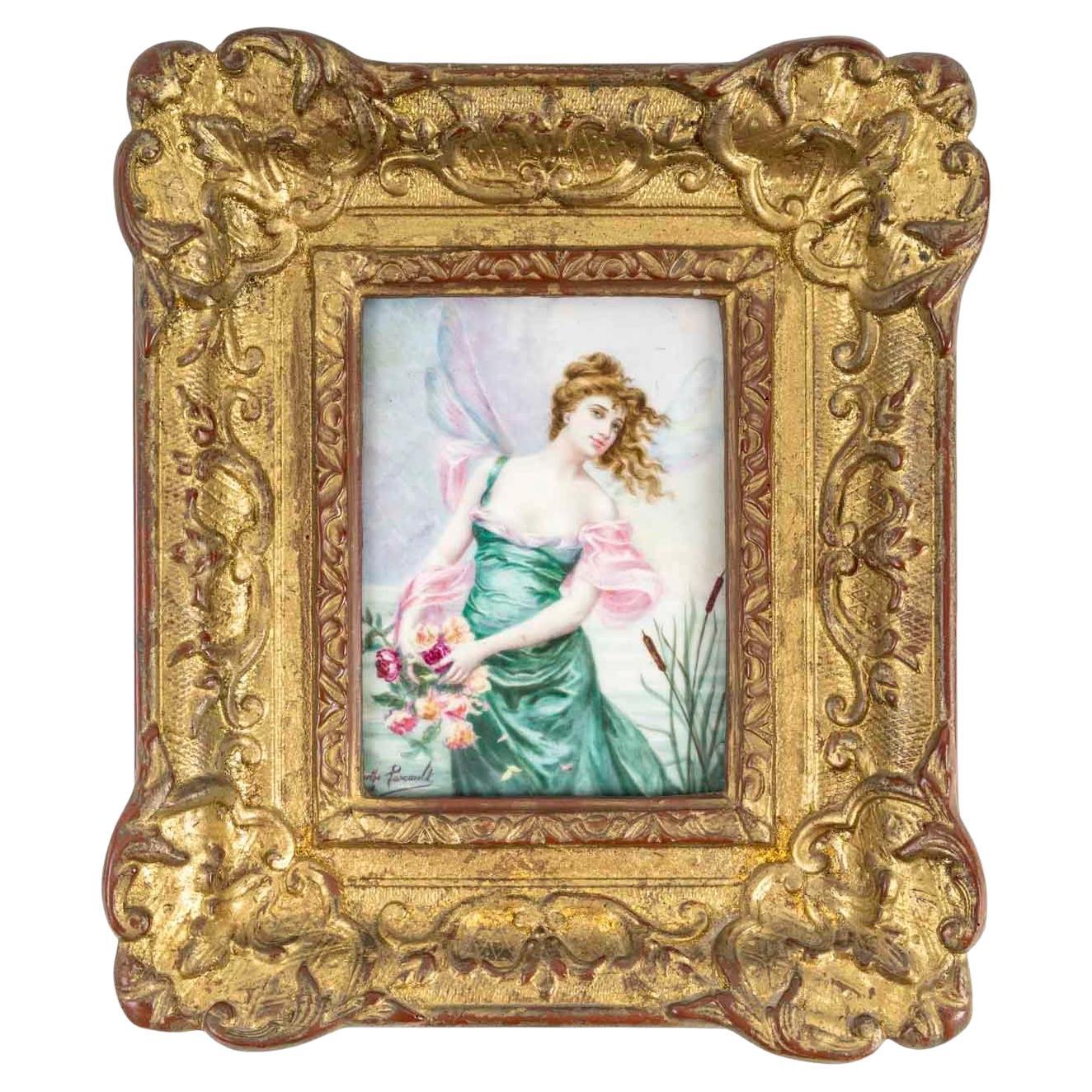 La fata verde con le rose, una placca di porcellana francese dipinta a mano con cornice, C.C. 1900