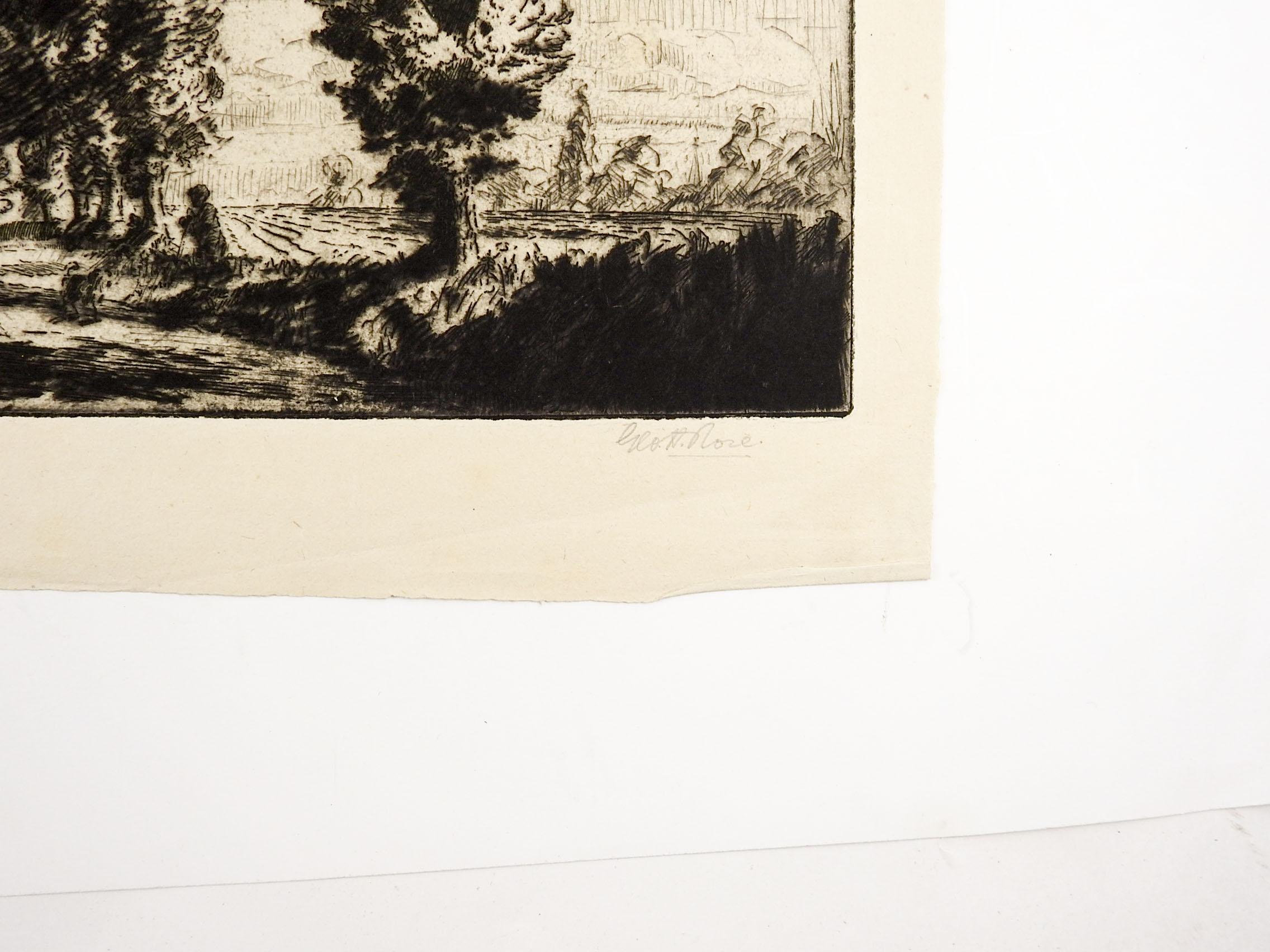 The Greensted Road, de George Herbert Rose (1882-1955), gravure sur papier en Angleterre.  Signé et titré au crayon dans la marge inférieure.  Non encadré, usure des bords.