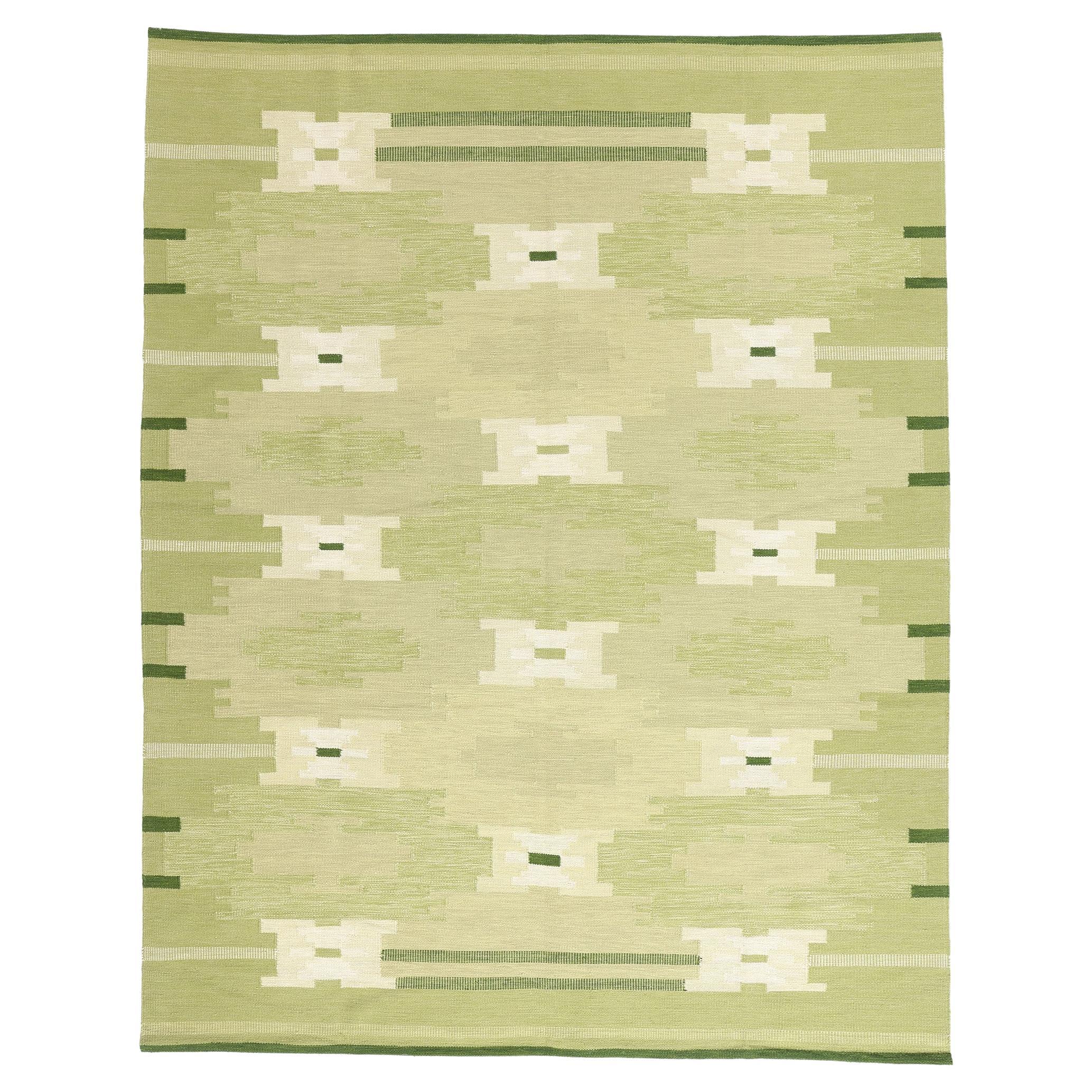 The Grönt Timglas: A Swedish-Inspired Kilim Masterpiece of Modern Nordic Style For Sale