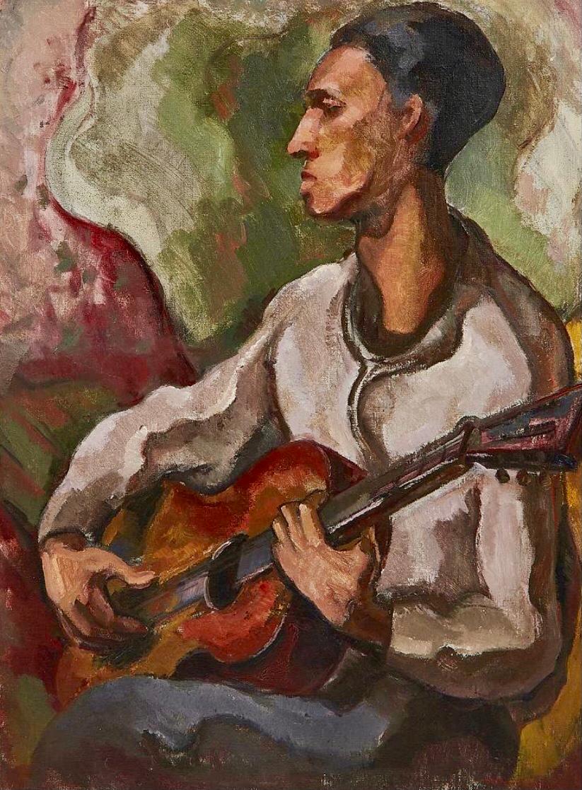 Oil on canvas, signed and dated 1949 lower right.
Otto Niebuhr, German, 1891-1949
Great mid-century portrait of a man and his guitar.
Measures 41