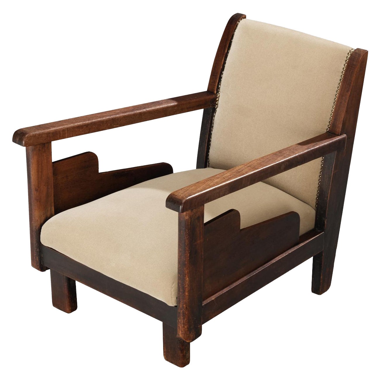 The Hague School Dutch Art Deco Lounge Chair in Beige Velvet and Teak