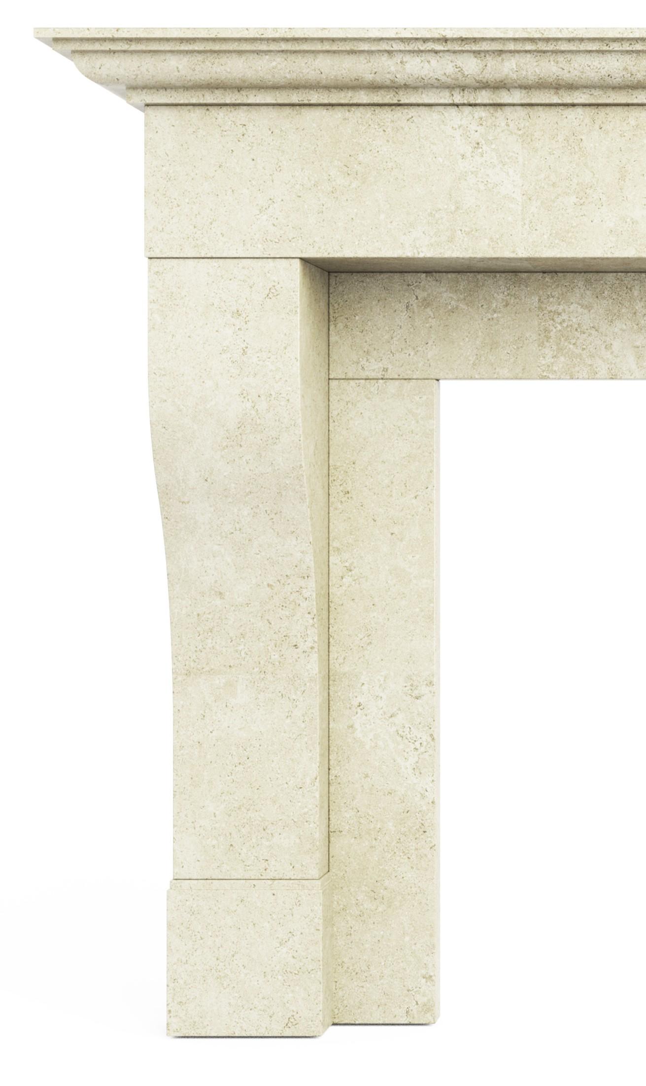 The lines of the Hamilton carved stone fireplace are influenced by the design of the Provençal style of Southern France, but updated for 21st century appeal.  The fireplace legs, in a traditional French style, start out deep at the top, and curve