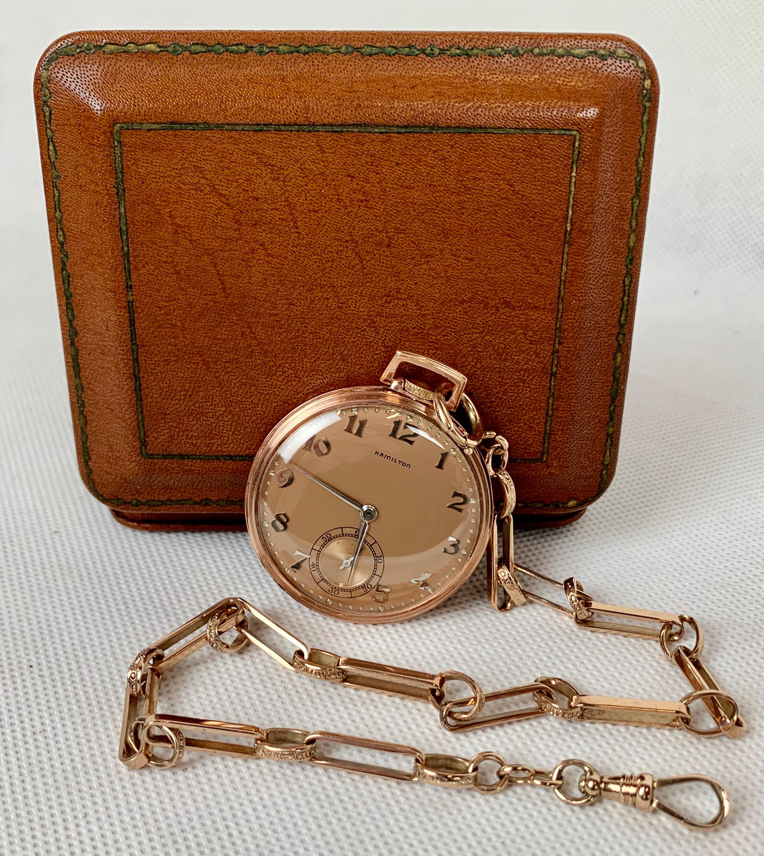 The Hamilton Watch Company 14 Karat Rose Gold Slim Pocket Watch and Chain-1916 5