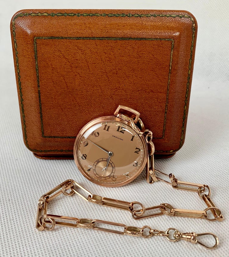 The Hamilton Watch Company 14 Karat Rose Gold Slim Pocket Watch and Chain1916 at 1stDibs