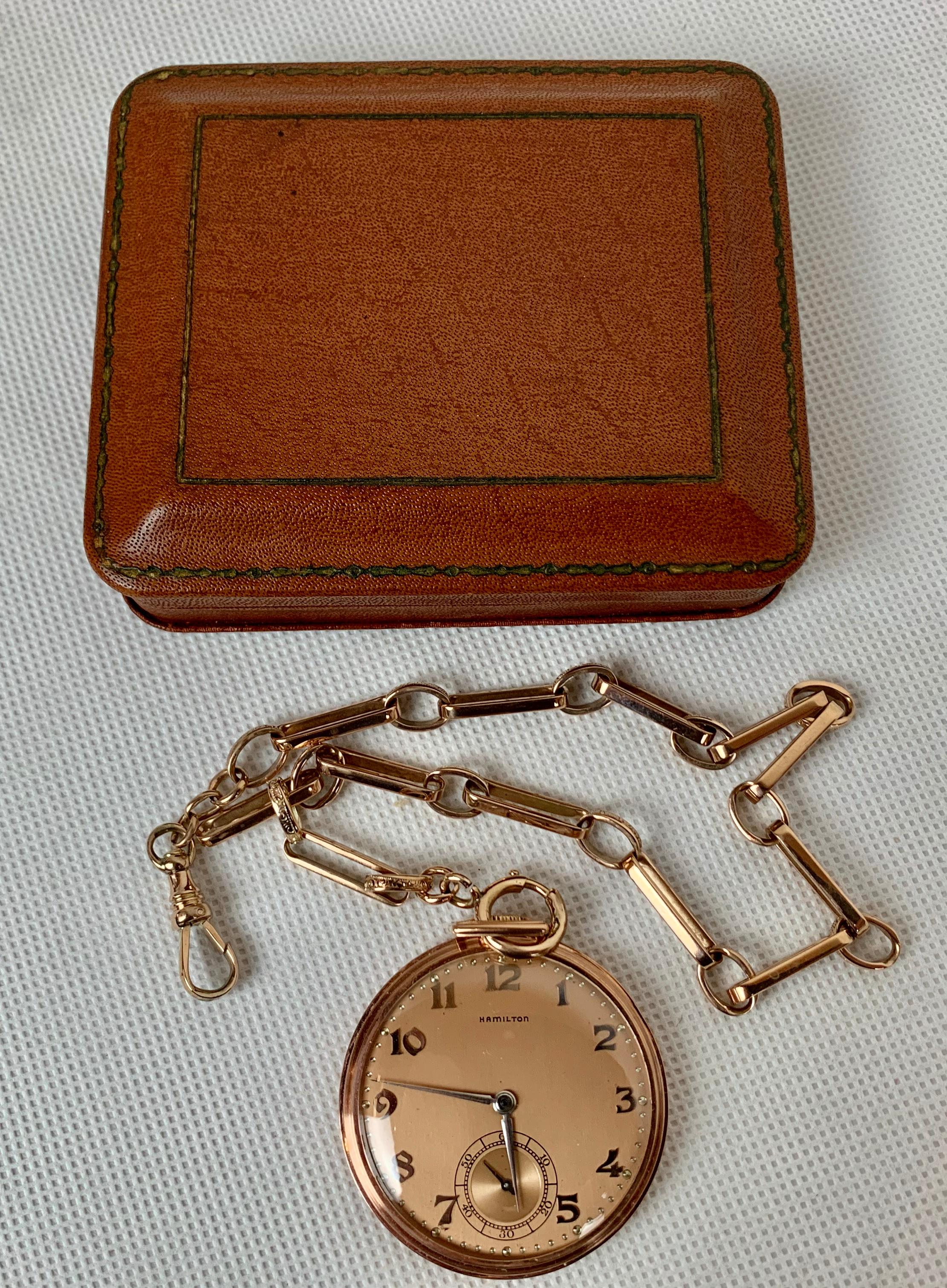 The Hamilton Watch Company 14 Karat Rose Gold Slim Pocket Watch and Chain-1916 6