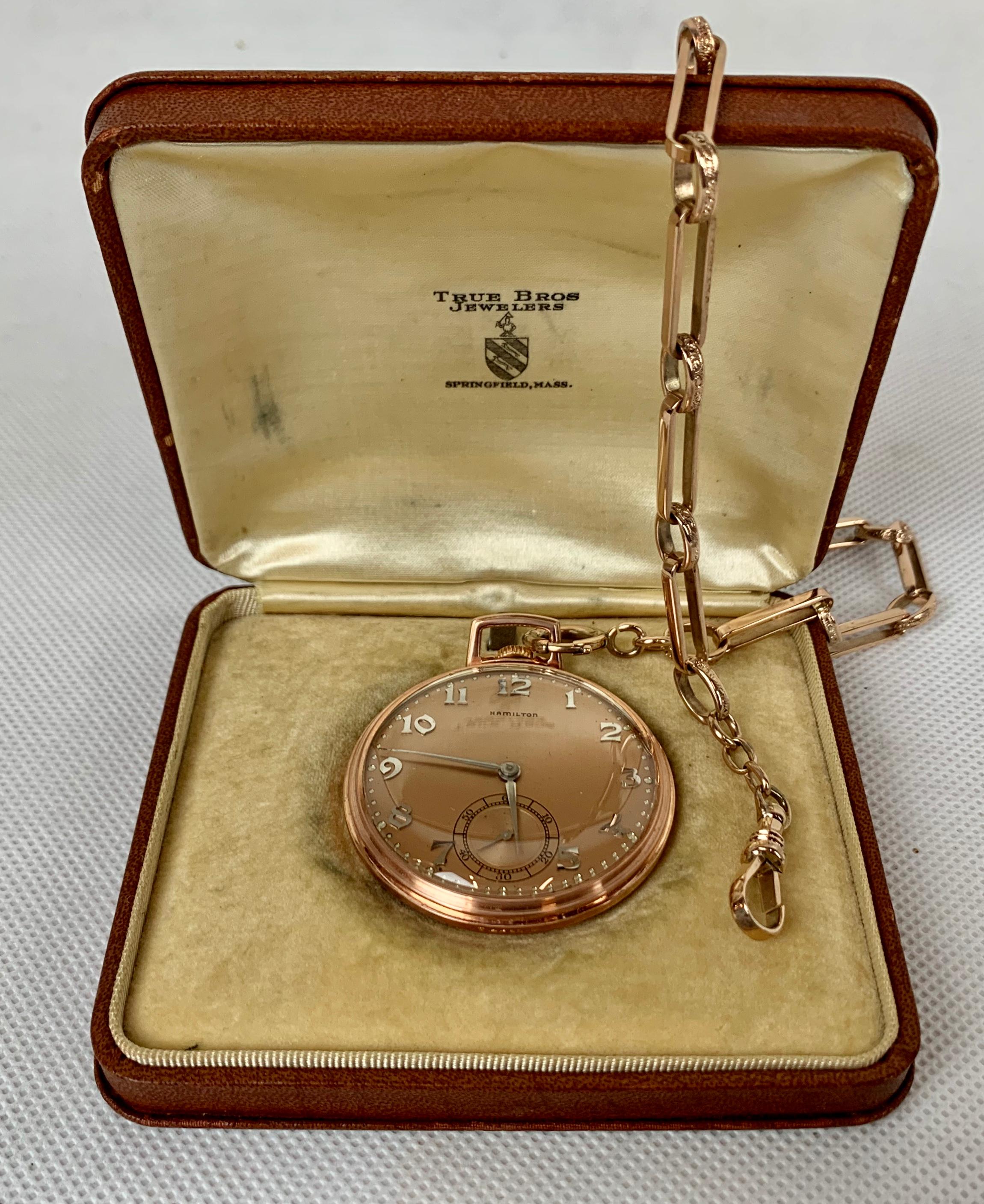 The Hamilton Watch Company 14 Karat Rose Gold Slim Pocket Watch and Chain-1916 7