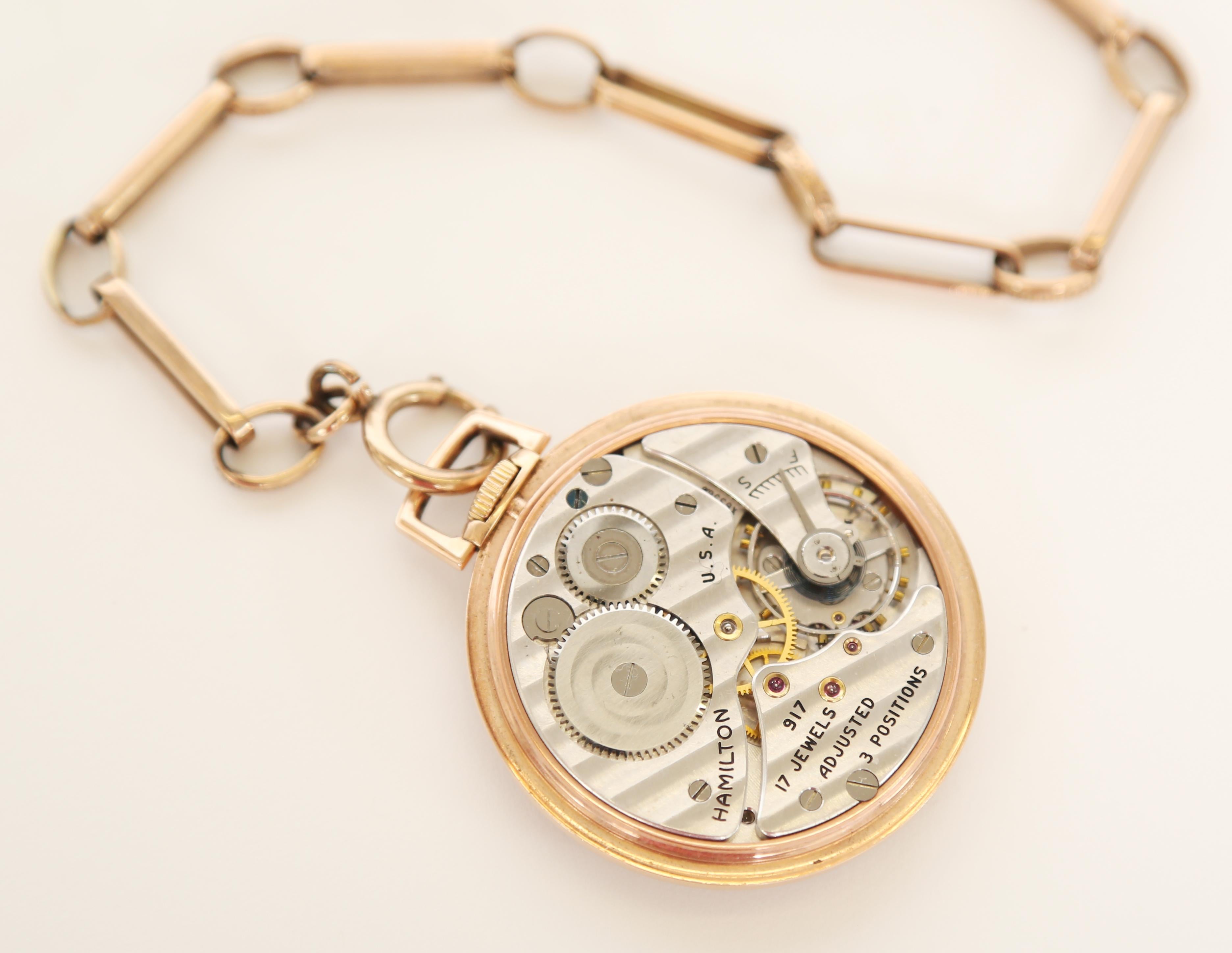The Hamilton Watch Company 14 Karat Rose Gold Slim Pocket Watch and Chain-1916 9