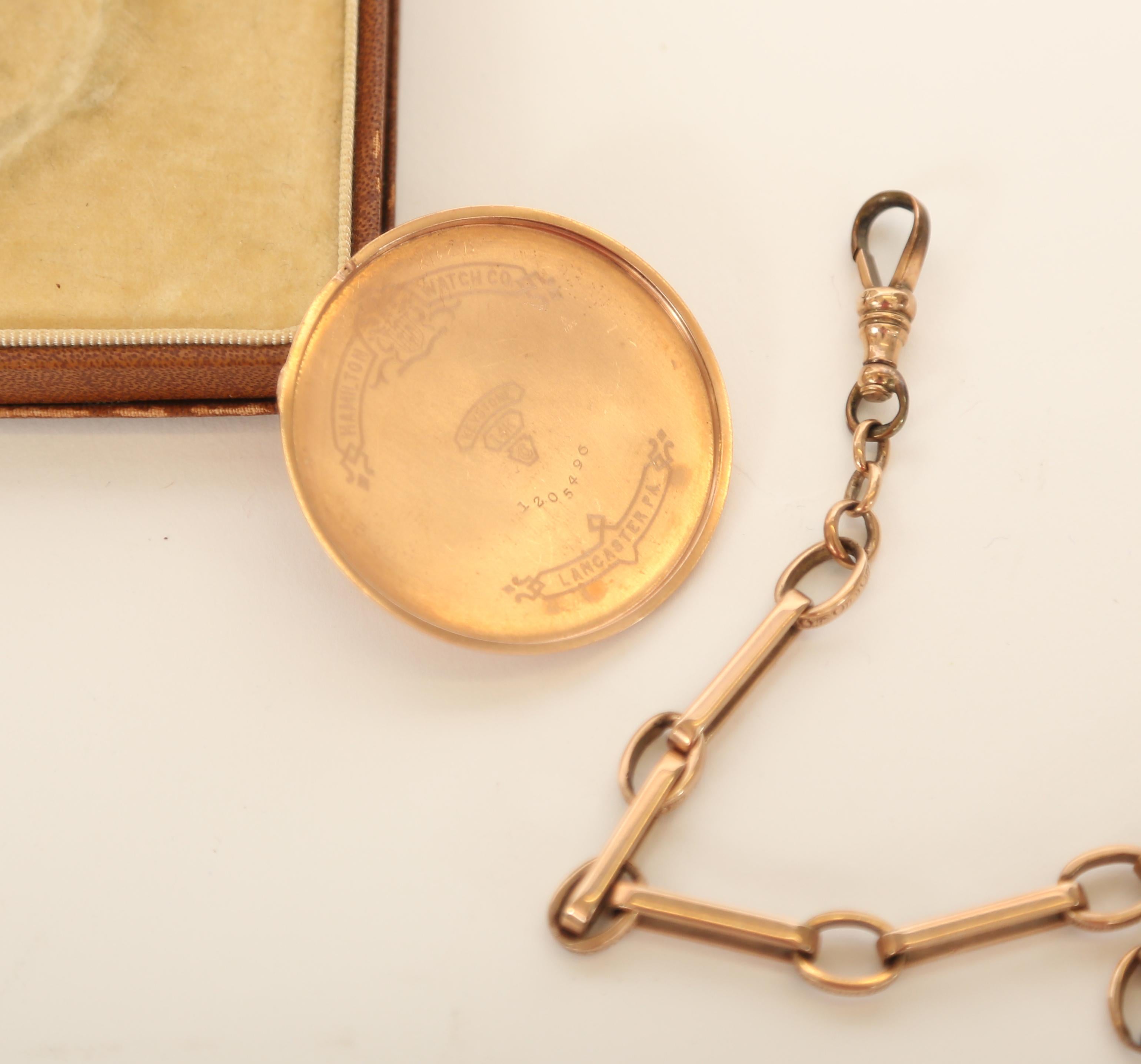 The Hamilton Watch Company 14 Karat Rose Gold Slim Pocket Watch and Chain-1916 10