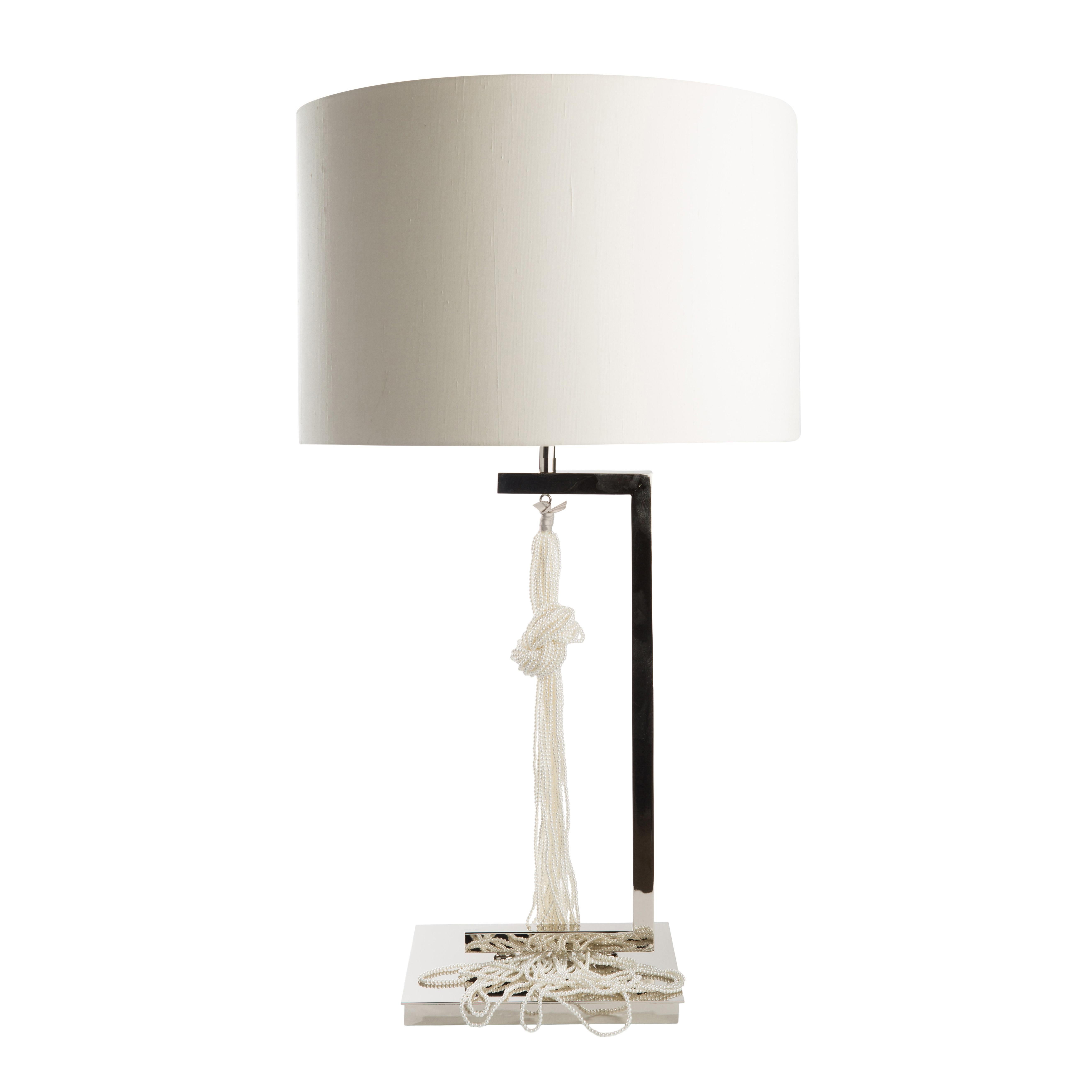 The Hang Lamp hand-made with precision in Nickel Plated Brass with faux Pearls For Sale 5