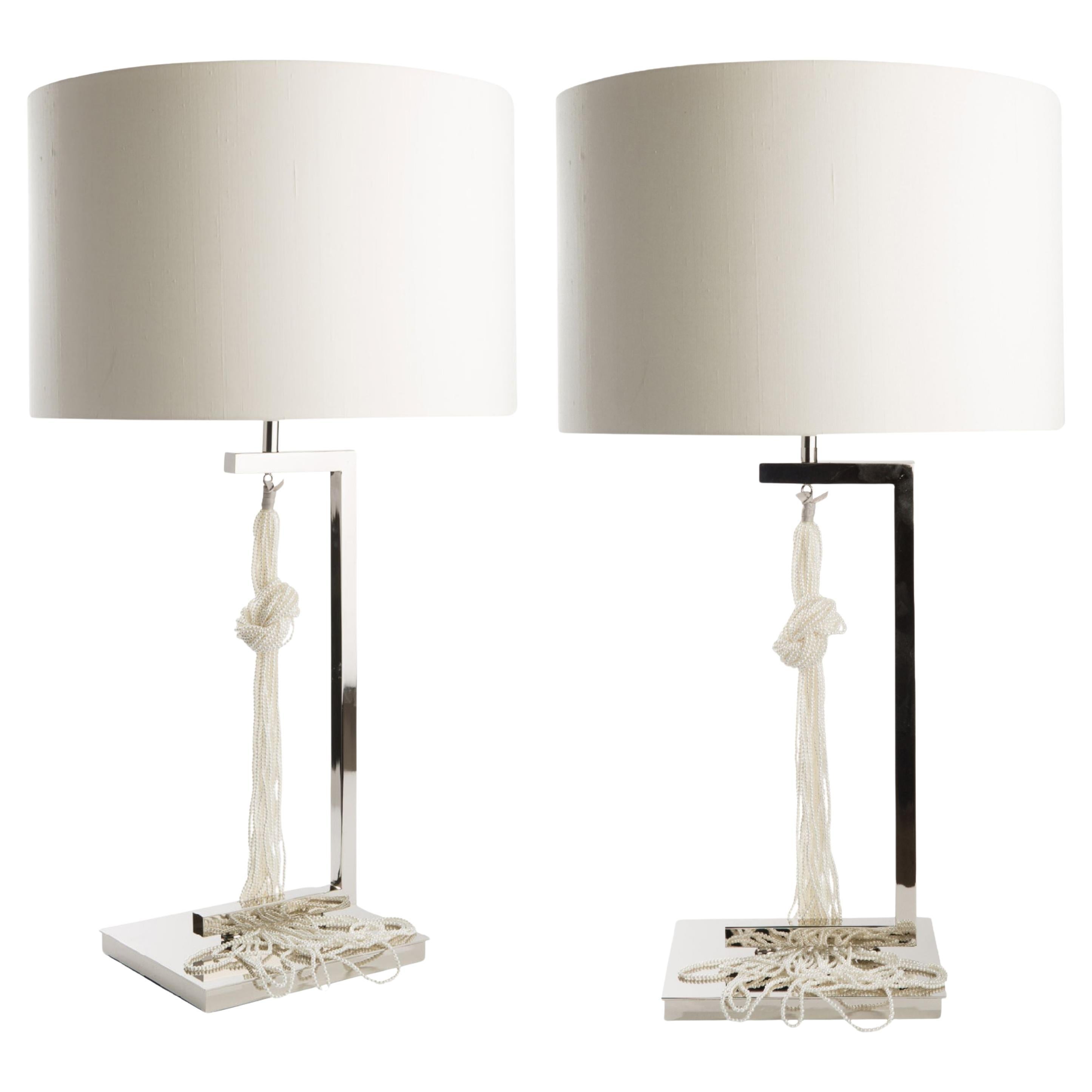 The Hang Lamp hand-made with precision in Nickel Plated Brass with faux Pearls For Sale