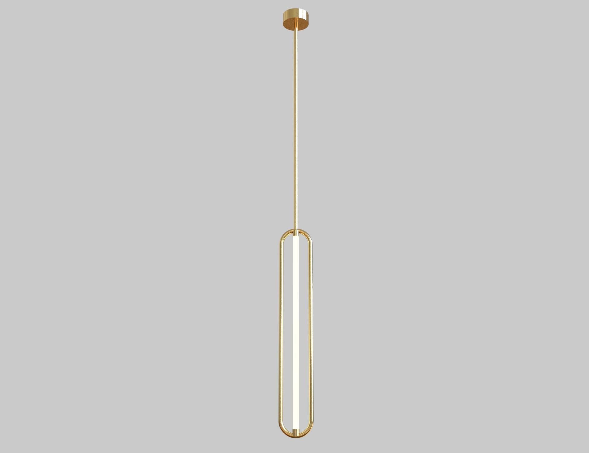 The Loop lamp series of the Bauhaus collection is minimal and elegant lamps suited for residential, commercial, or industrial aesthetics inspired by the slender chain-links. The frame of the lamp is brass or steel, bent to form the loop which holds