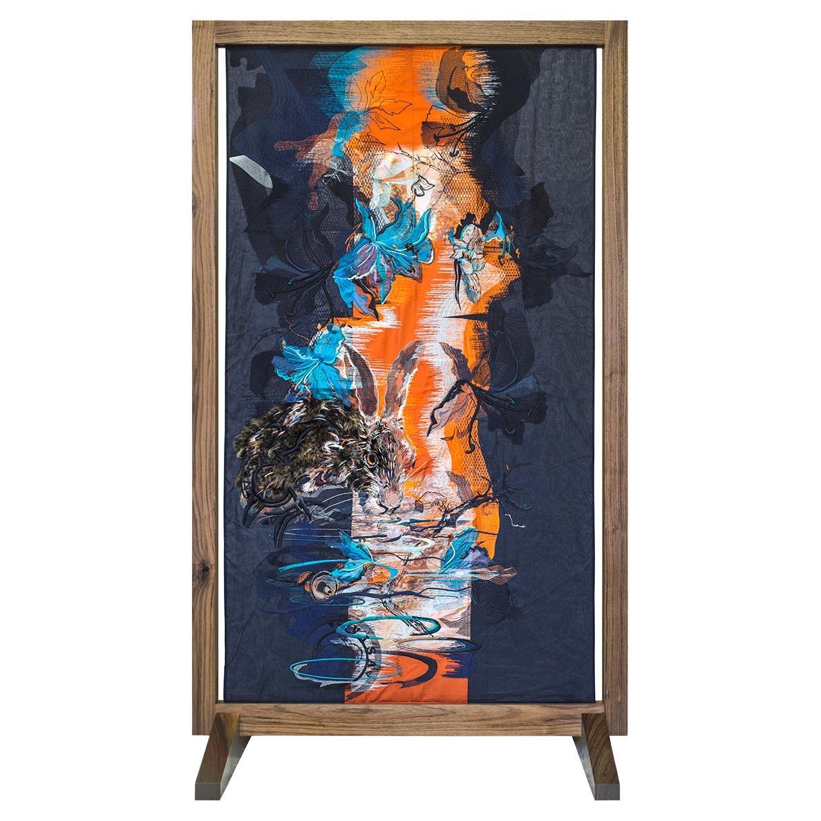 Embroidered, free standing screen in variety of textiles by award-winning artist