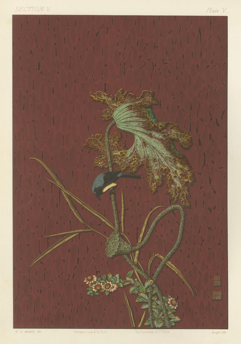 Titel: Nature's Elegance with Japanese Aesthetics - Platte V aus G. A. Audsley's Chromolithographic Collection

Beschreibung: Platte V aus Abschnitt V von G. A. Audsleys chromolithografischem Meisterwerk fängt die Essenz der japanisch inspirierten
