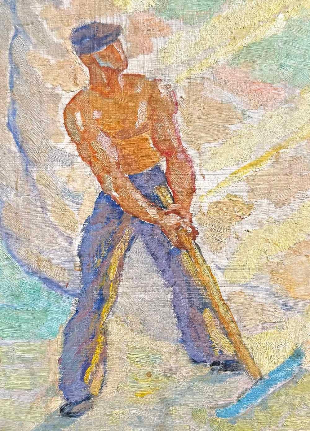 Gloriously painted in a palette of blue, purple, white and yellow, this painting by Jocke Åkerblom depicts a laborer in the field, wielding his scythe, with a glorious sky above that seems to suggest outstretched angel wings. Åkerblom studied at the