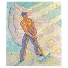 "Il raccolto", dipinto Art Déco con operaio maschio in blu e viola