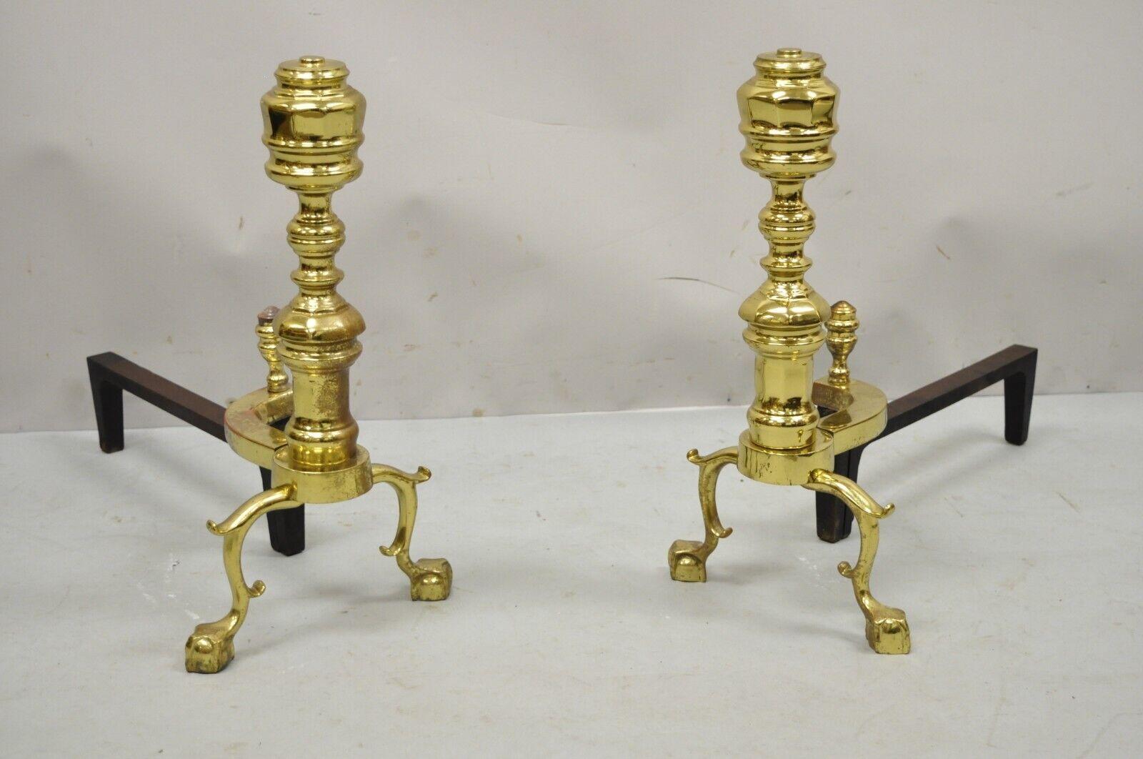 The Harvin Co brass federal style branch leg ball and claw andirons - a pair. Item features branch legs, ball and claw feet, original stamp, quality American craftsmanship, great style and form. Circa mid to late 20th century. 
Measurements: 18.5