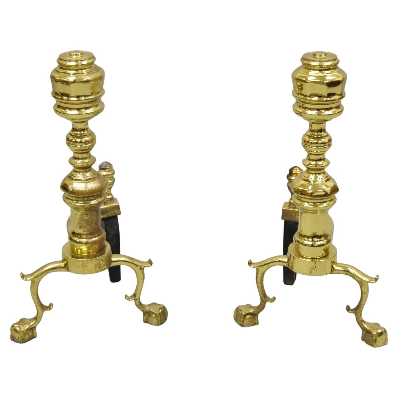 Harvin Co Brass Federal Style Branch Leg Ball and Claw Andirons, a Pair For Sale