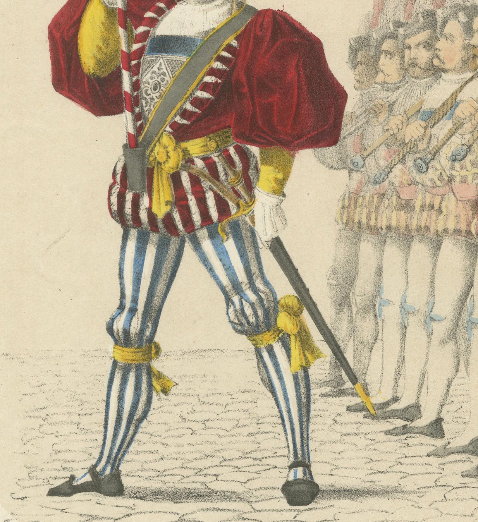 Titre : Les Guildes des chapeliers et des charpentiers - Un hommage à l'artisanat historique de Berne  

Description : Cette exceptionnelle lithographie coloriée à la main fait partie de l'Album des fêtes célébrant l'entrée de Berne dans la