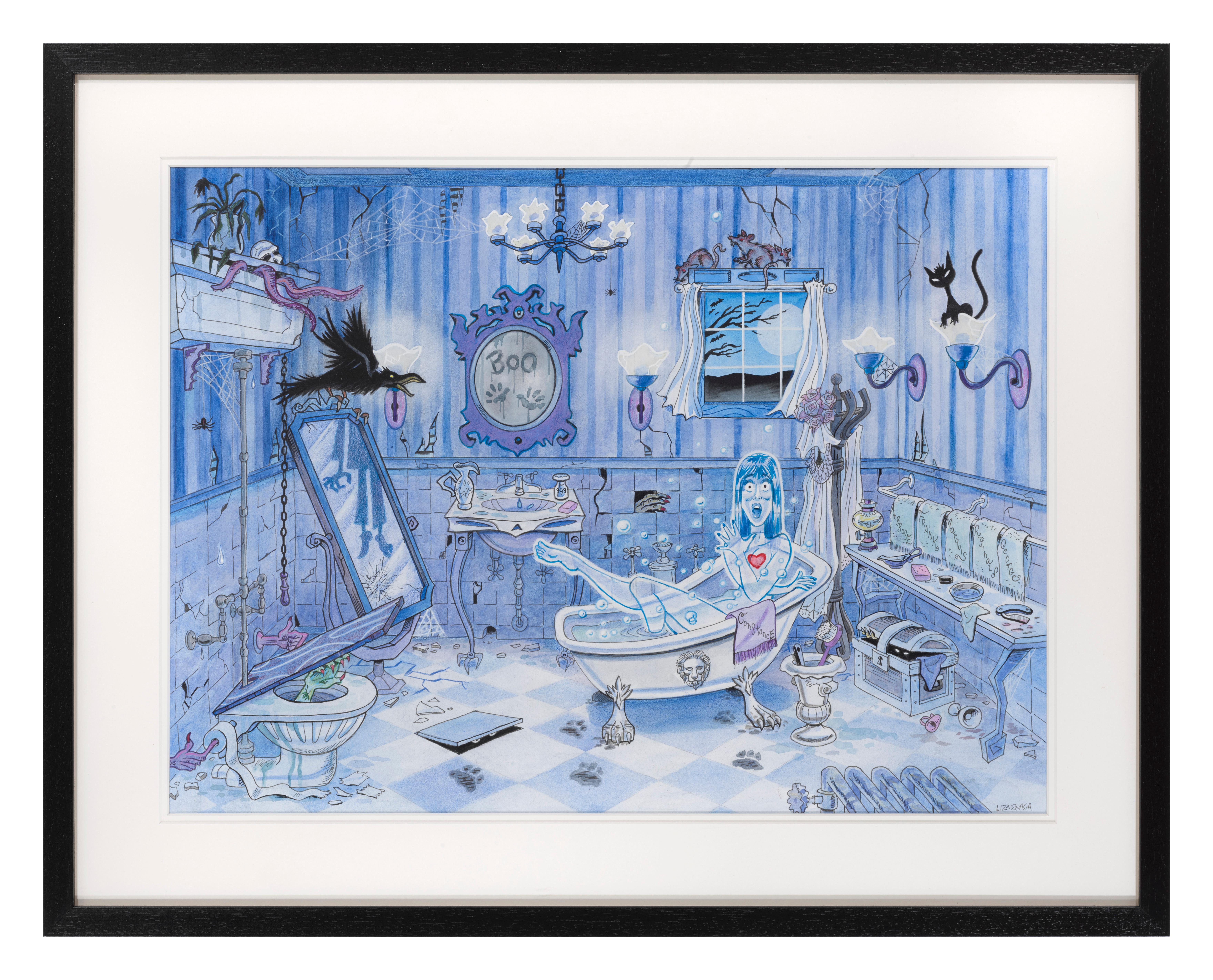 Original artwork acrylic and ink on art board for The Haunted Mansion Bathroom
This art work was used to create a print sold at Disney theme park. The size given is before framing.
This artwork is conservation framed with UV plexiglass in a Sapele