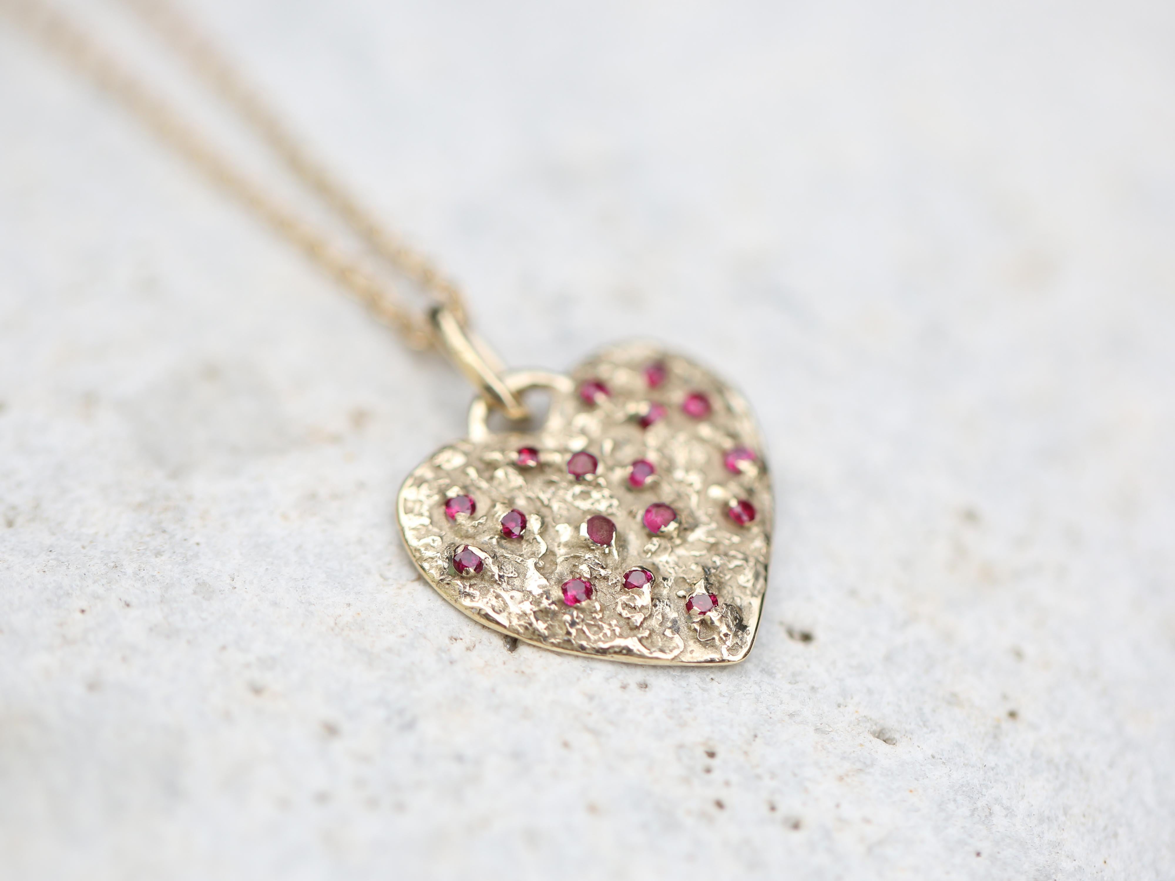 Artisan The Heart of 17 Rubies Necklace, Solid 14k Yellow Gold, Ruby stones For Sale