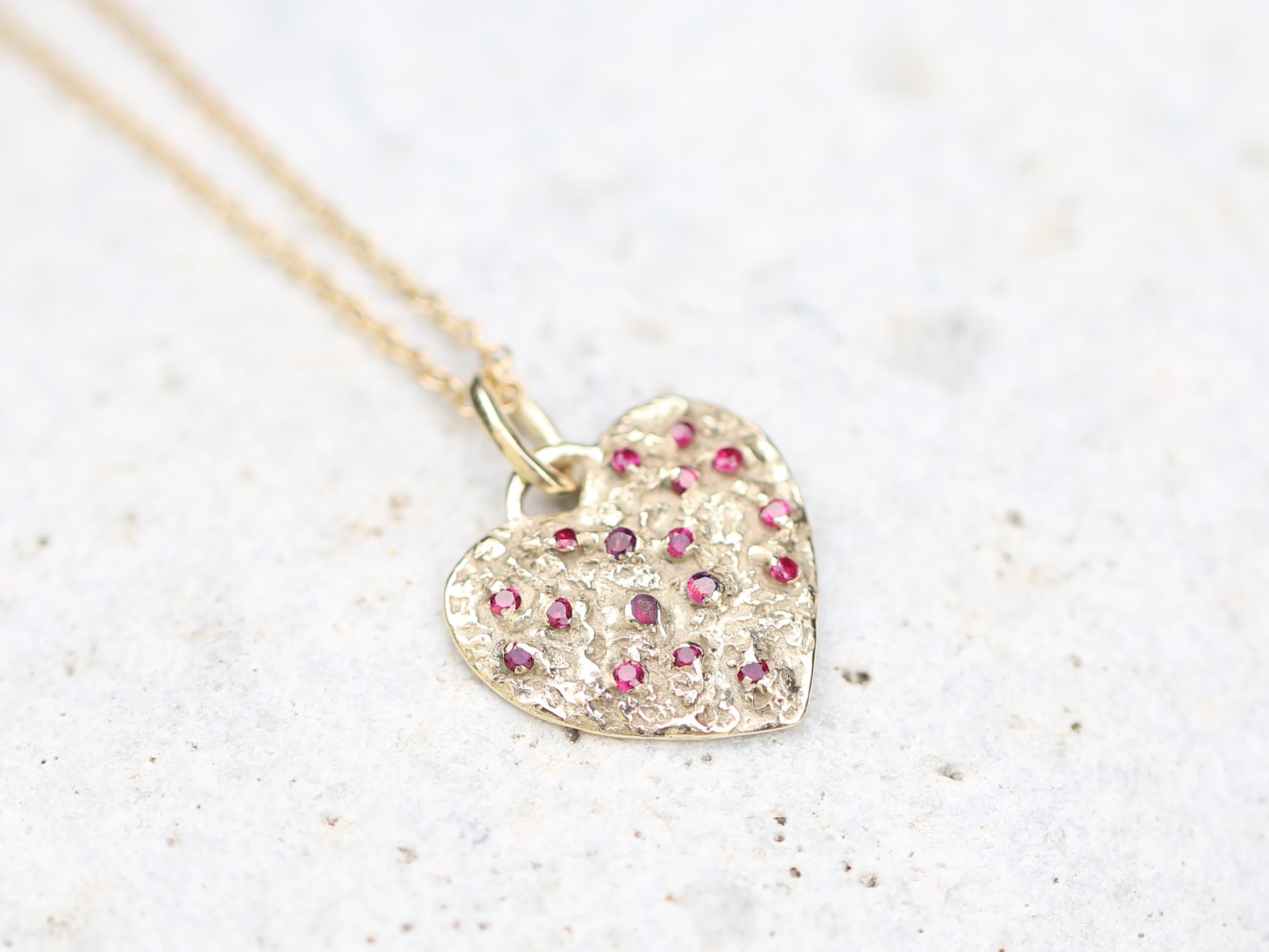 Women's The Heart of 17 Rubies Necklace, Solid 14k Yellow Gold, Ruby stones For Sale