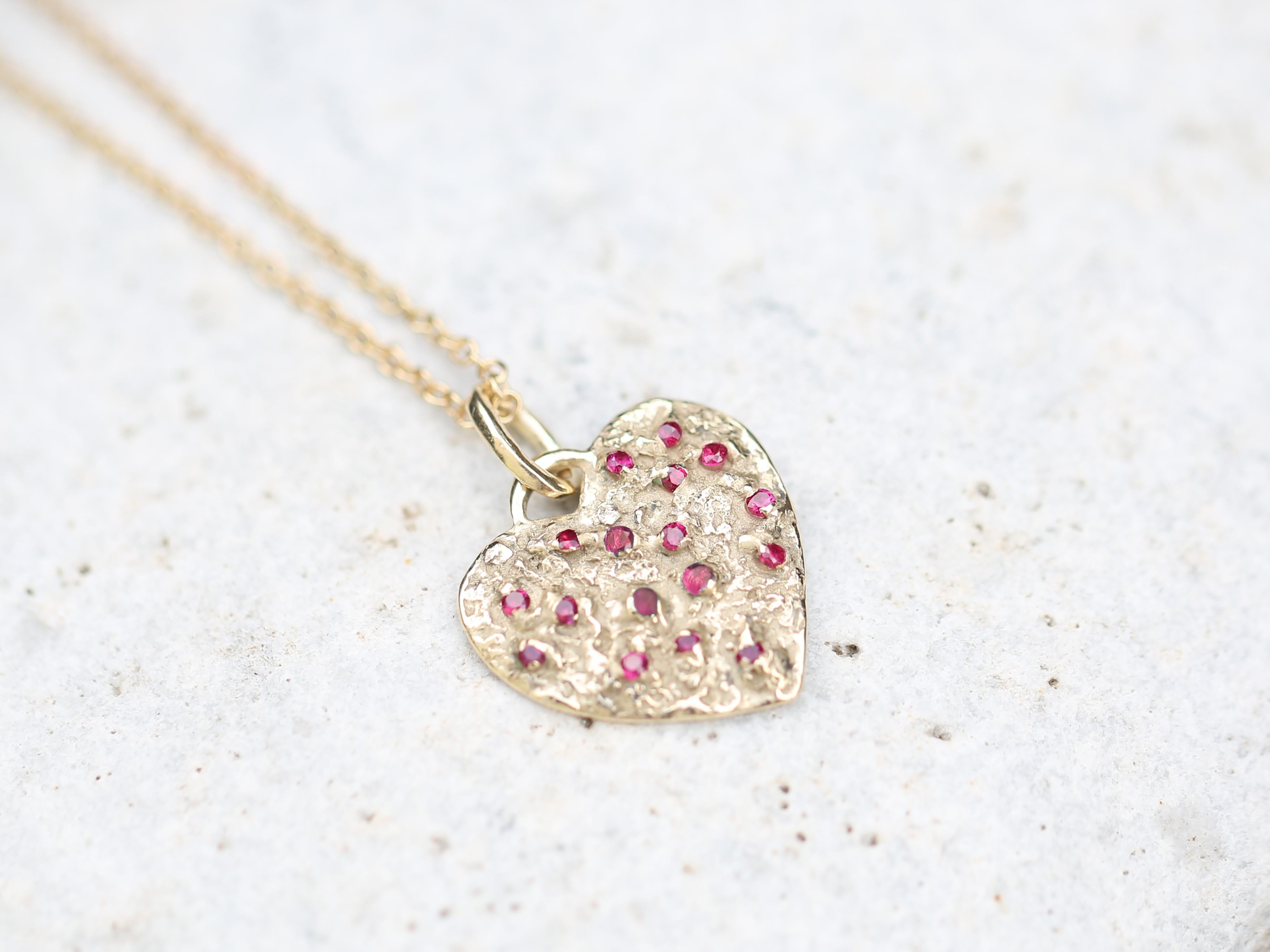 The Heart of 17 Rubies Necklace, Solid 14k Yellow Gold, Ruby stones For Sale 1