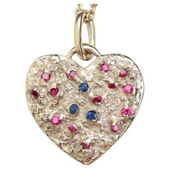 The Heart of 17 Stones Necklace, Solid 14k Yellow Gold, Ruby and Sapphire stones