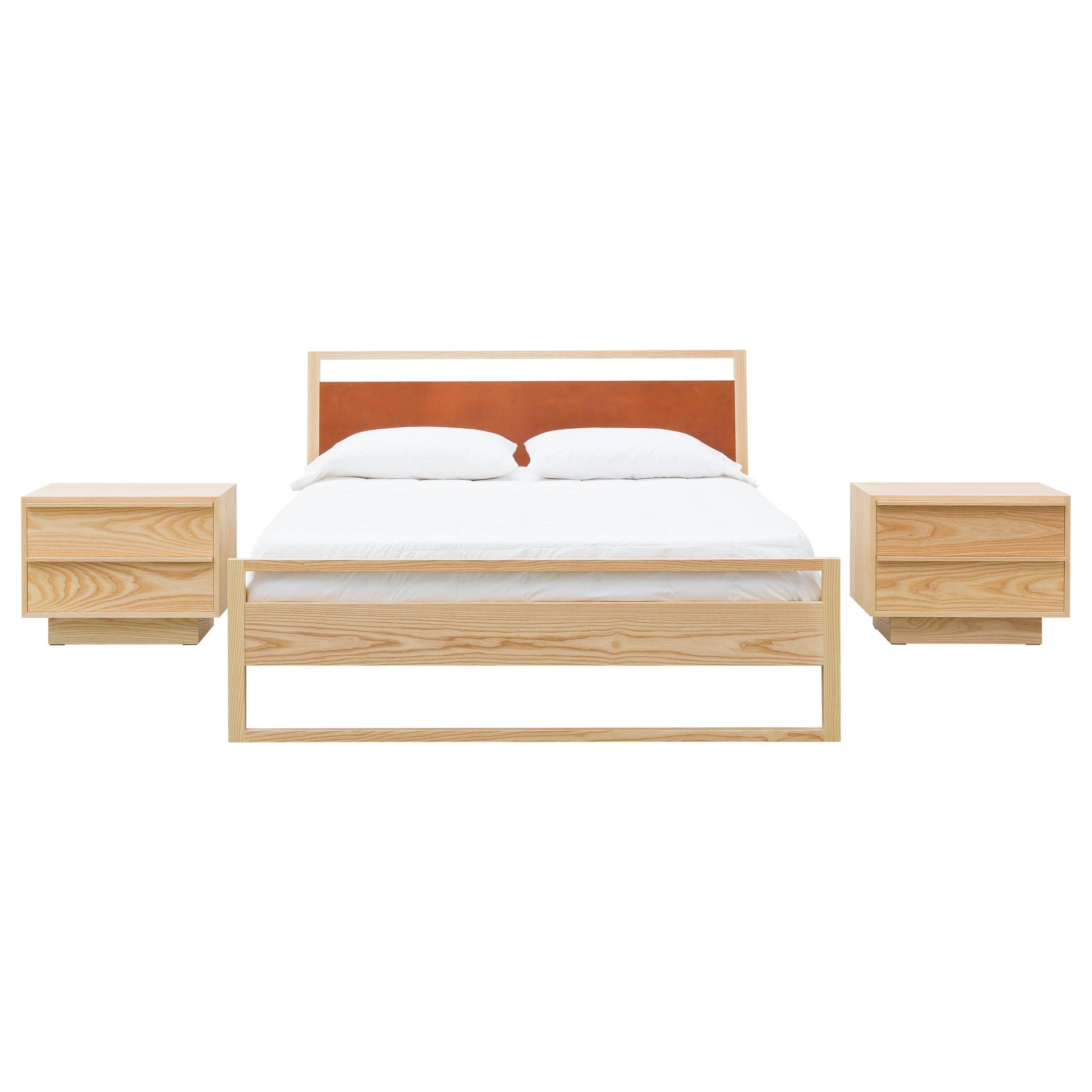 Contemporary Ash and Cognac Leather Wrapped "Heather" Bed by Kate Duncan 
