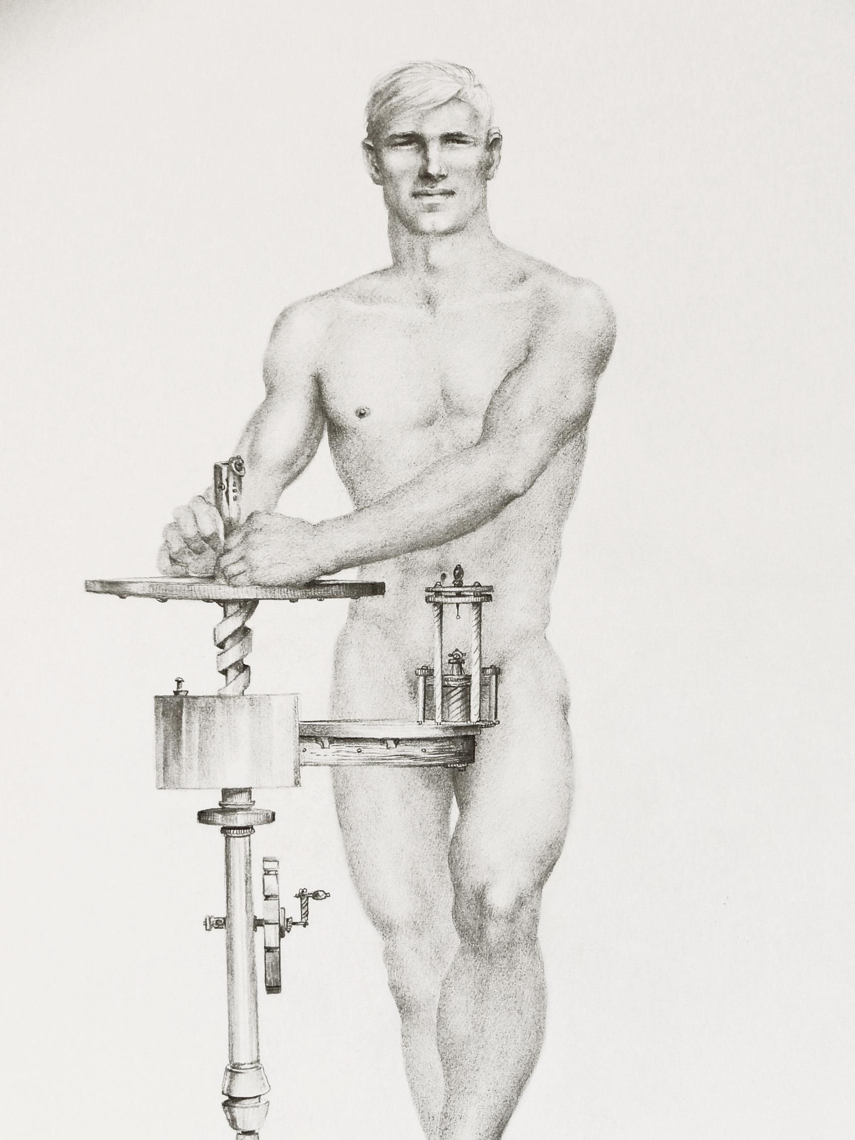 Although John Lear depicts his figure holding a drill press, resting one foot on its plywood base, he inexplicably named this drawing 