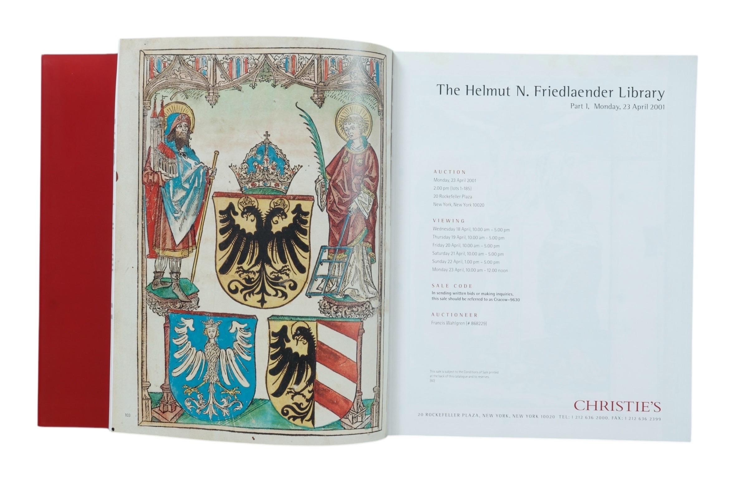 Christie's New York Catalogs from The Helmut N. Friedlaender Library auctions Part 1 & 2 on Monday 23 April and Tuesday 24th of April 2001. Hardcovers with dustjackets, very good condition.