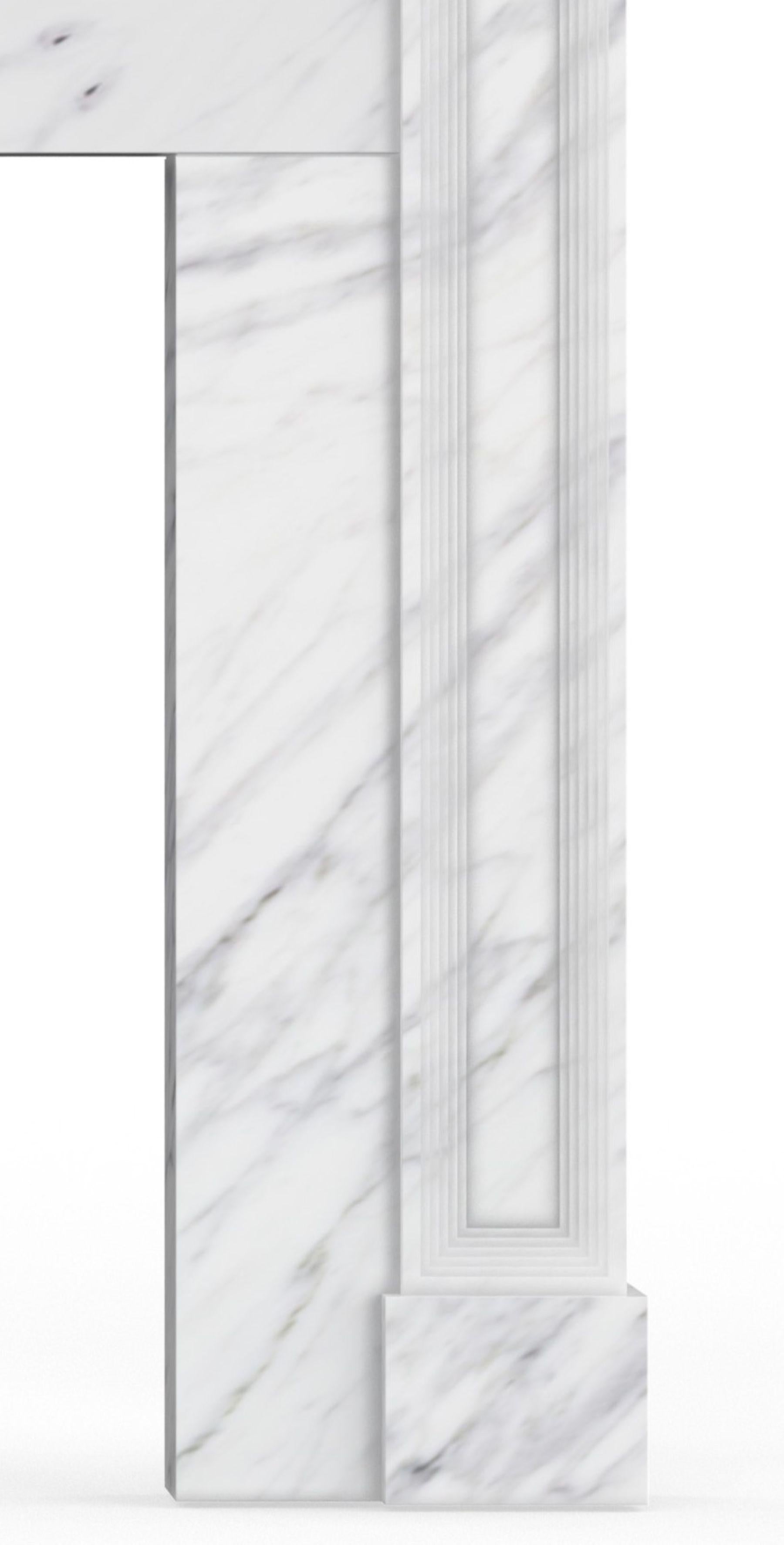 The Hemsworth stone fireplace, from our Elizabeth Scott Collection, is a stately, classically-inspired design.  The legs and lintel are linear, each with a recessed panel with multiple stepped layers of molding making up the panel frame.  The lintel