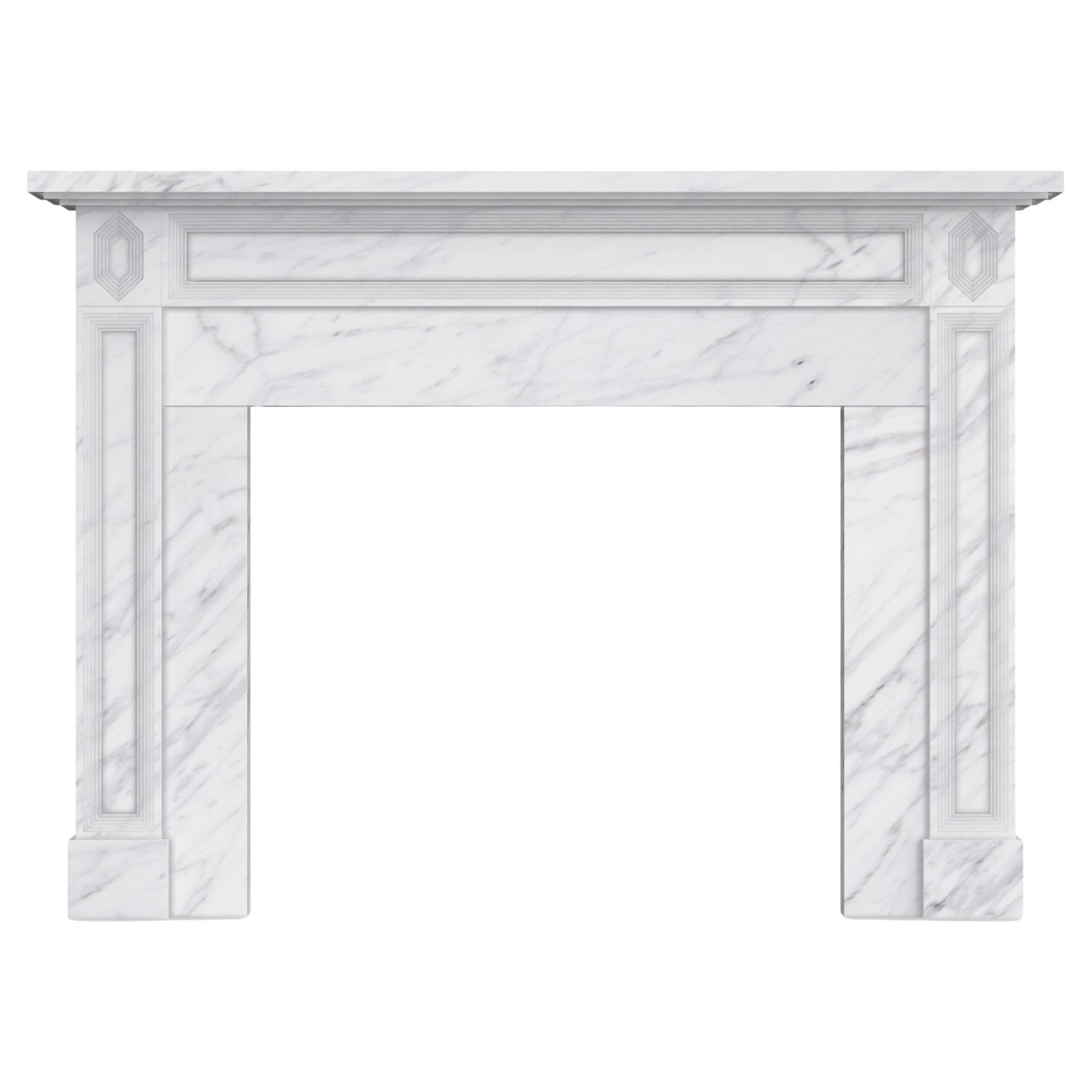 The Hemsworth: A Classically-Inspired Stone Fireplace with a Hexagon Motif For Sale