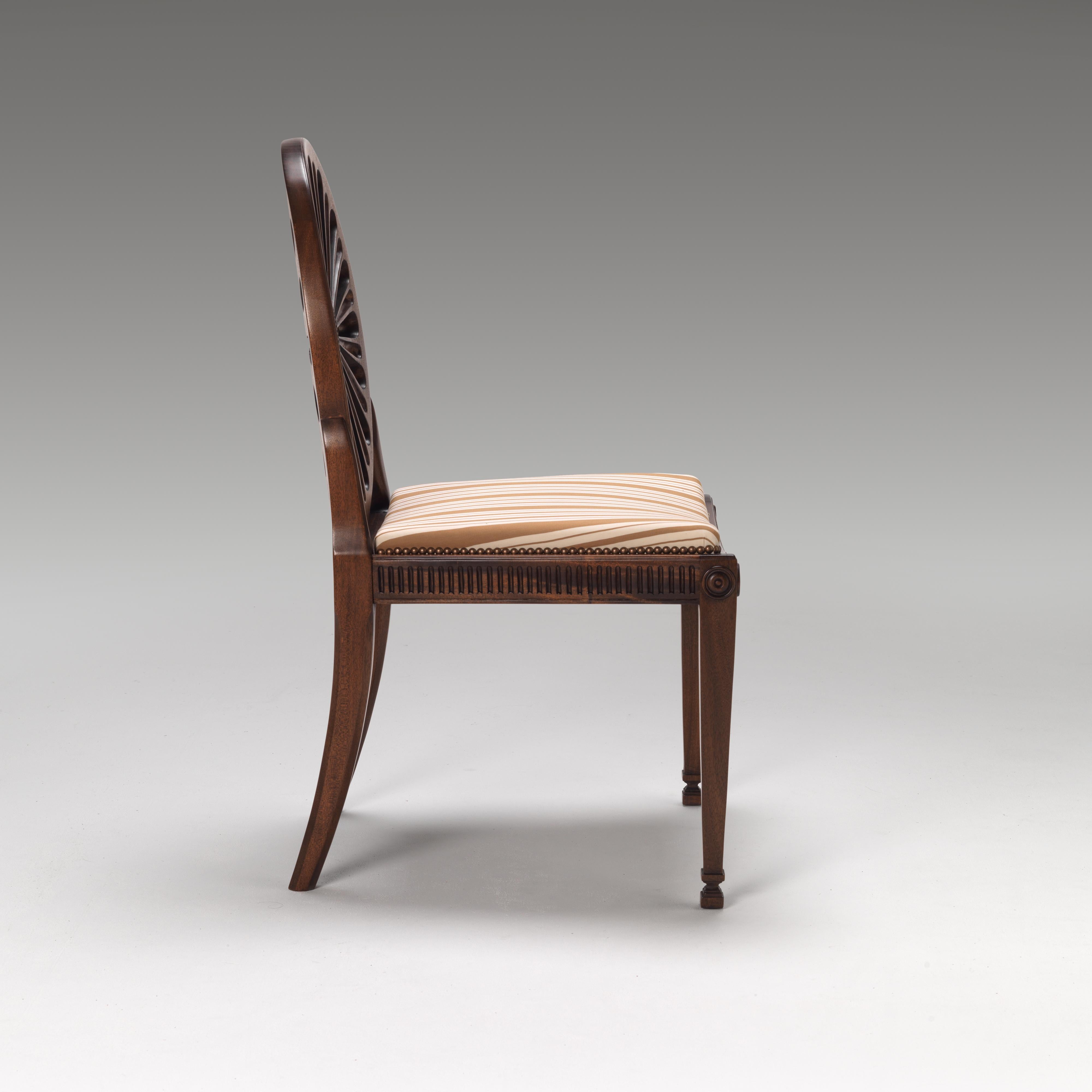 Raffinata sedia da pranzo inglese con schienale a rotelle di design Hepplewhite con sedile imbottito fisso leggermente rialzato. Da rivestire con il materiale scelto dal cliente.
Si prega di notare che attualmente lavoriamo con tempi di consegna di