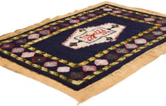 The Heraldic Hearth: Vintage American Folk Hooked Rug of Architectural Elegance