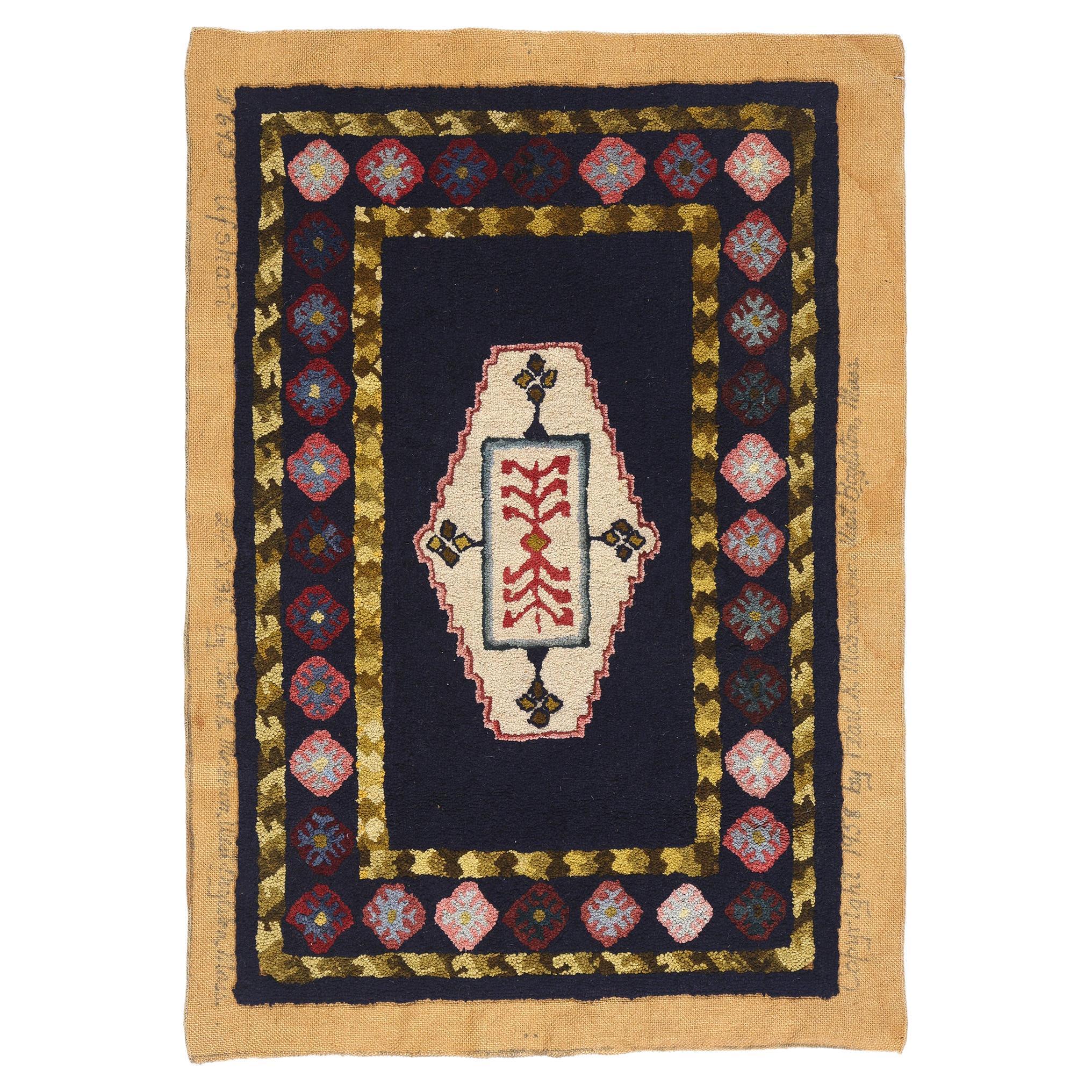 The Heraldic Hearth: Vintage American Folk Hooked Rug of Architectural Elegance For Sale