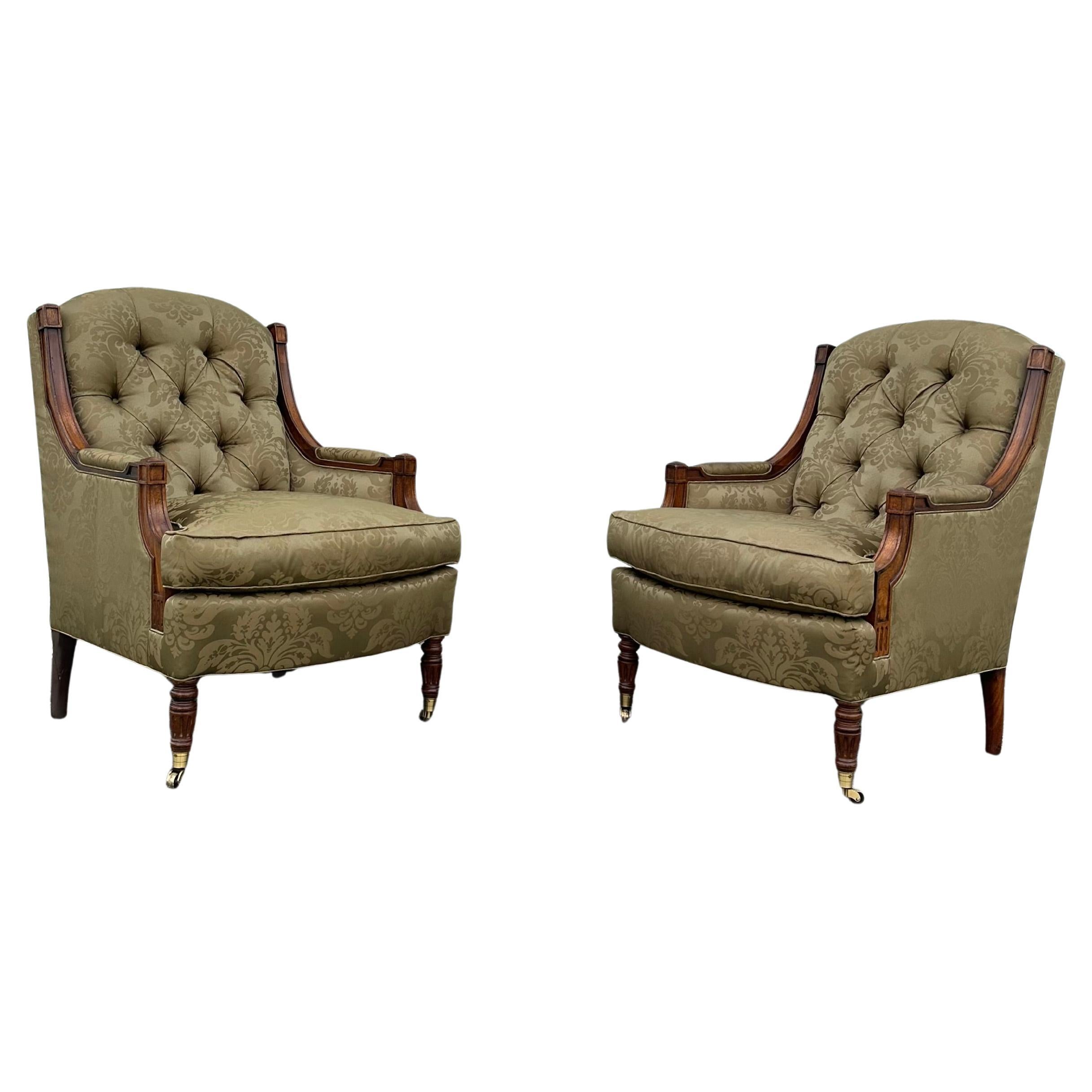 Hickory Chair Co. Damask Satin Olive Green Tufted Walnut Library Castors Chairs