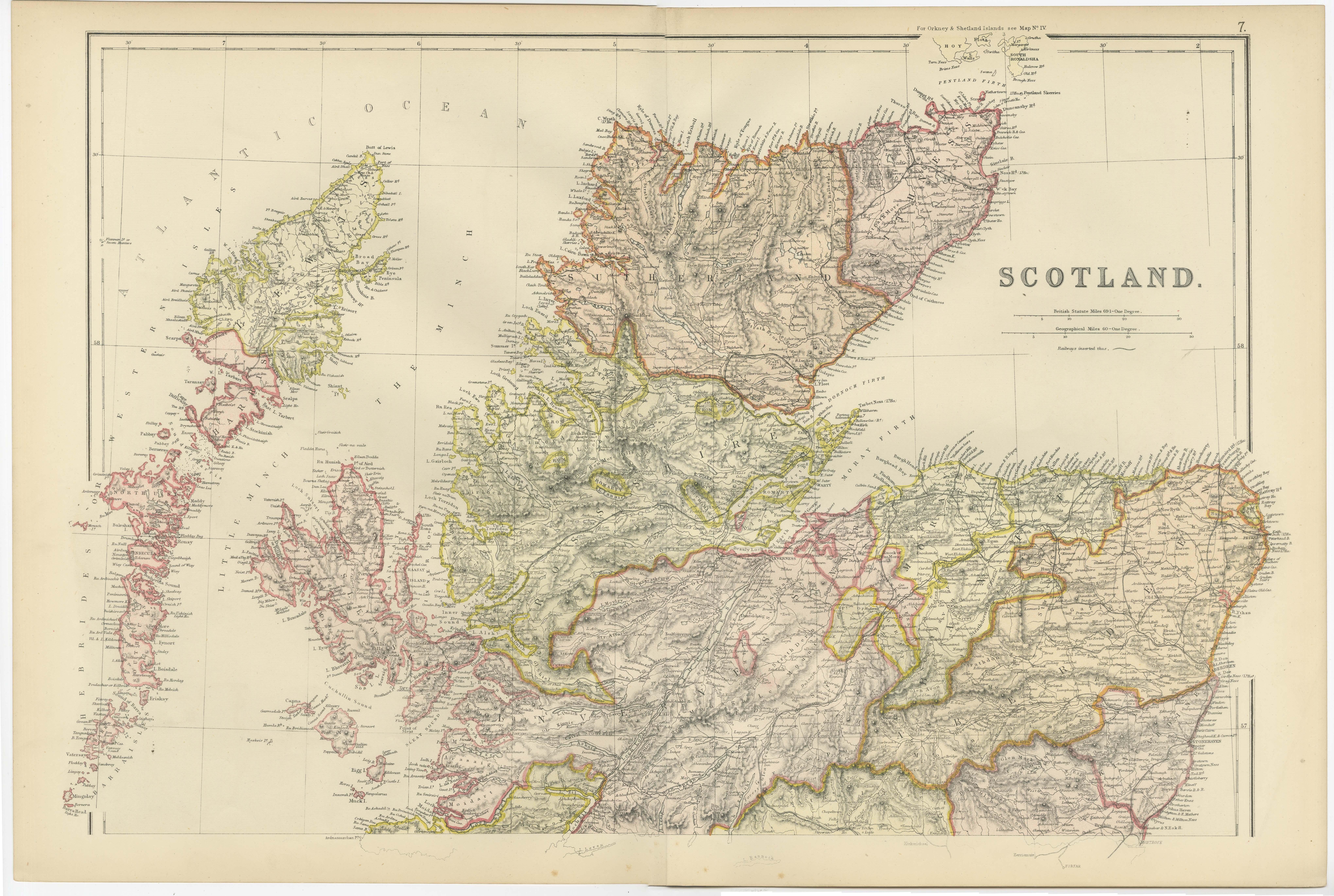 Title: 1882 Blackie Atlas Maps of Scotland: Northern and Southern Regions

Description: These two maps from the 1882 Blackie Atlas provide a detailed representation of Scotland, split into the northern and southern regions. They offer a