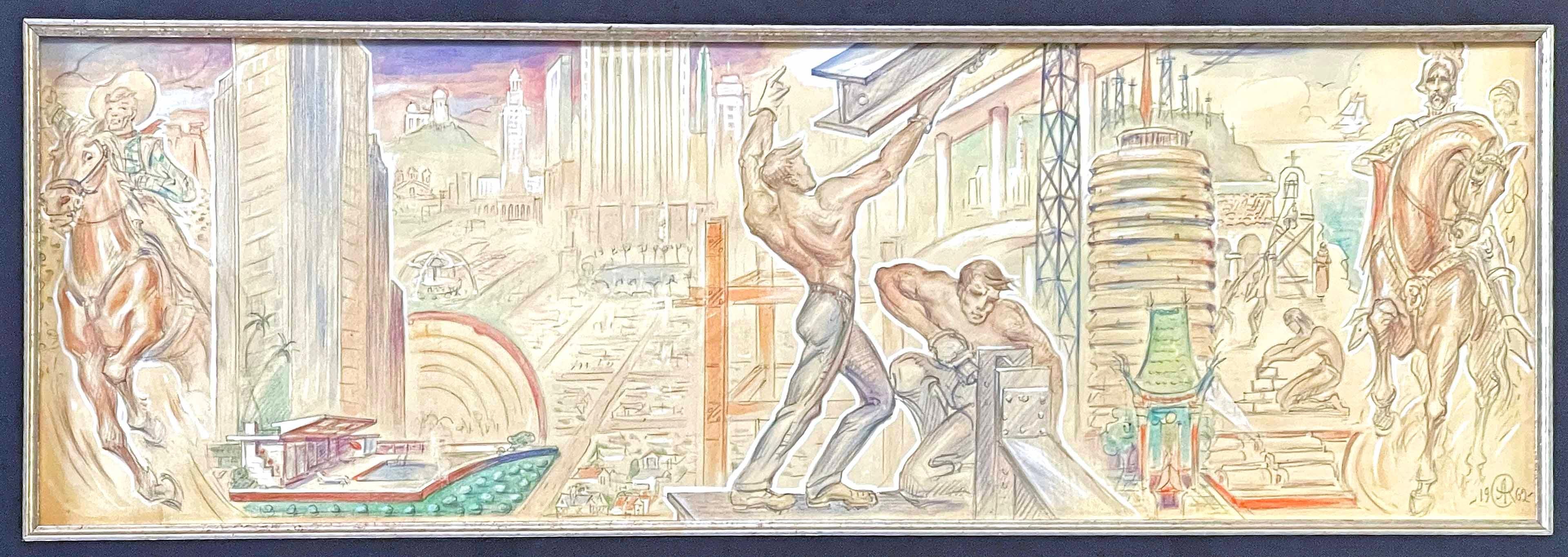 A late entry in America's string of public murals painted in the 1930s, 40s and 50s telling the story of various towns and regions, this 1962 Art Deco study by Alexander Rosenfeld presents an array of modern and historical figures to relate the