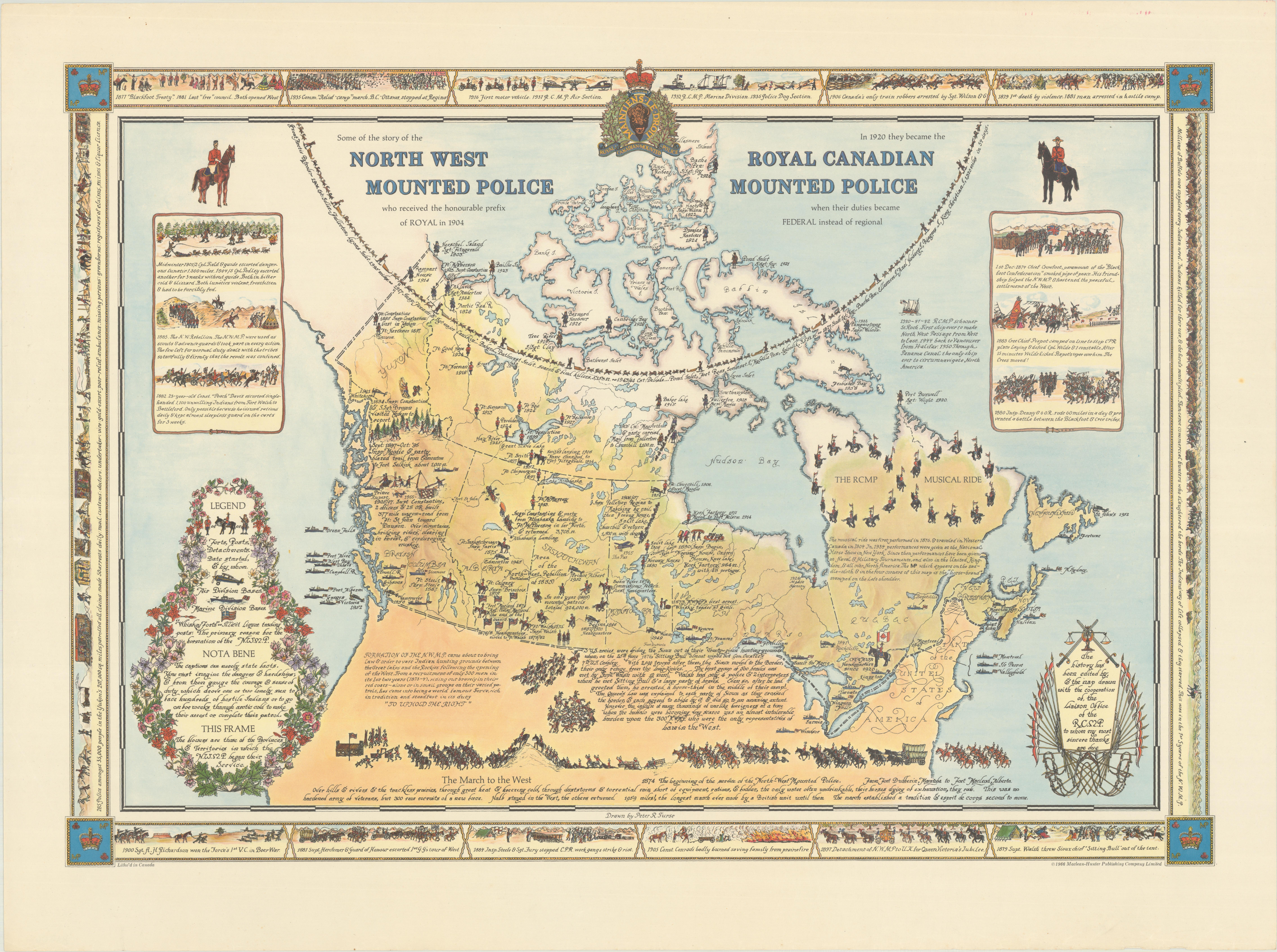 This rare pictorial map by Peter R. Furse celebrates the history of the Royal Canadian Mounted Police. It was produced with the cooperation of the RCMP, as acknowledged in an elegant cartouche at bottom right. The landscape is filled with charming