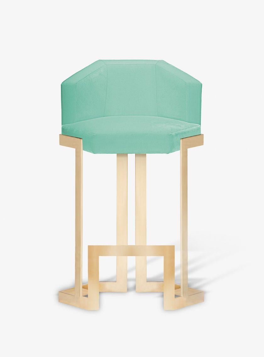 The Hive counter stool by Royal Stranger
Dimensions: D66 x W55 x H105 cm
Materials: Celadon cotton velvet. cotton velvet, Polished brass.
Weight: 15 kg

Finish options:
Upholstery Available in all Royal stranger’s fabric collection.
Available