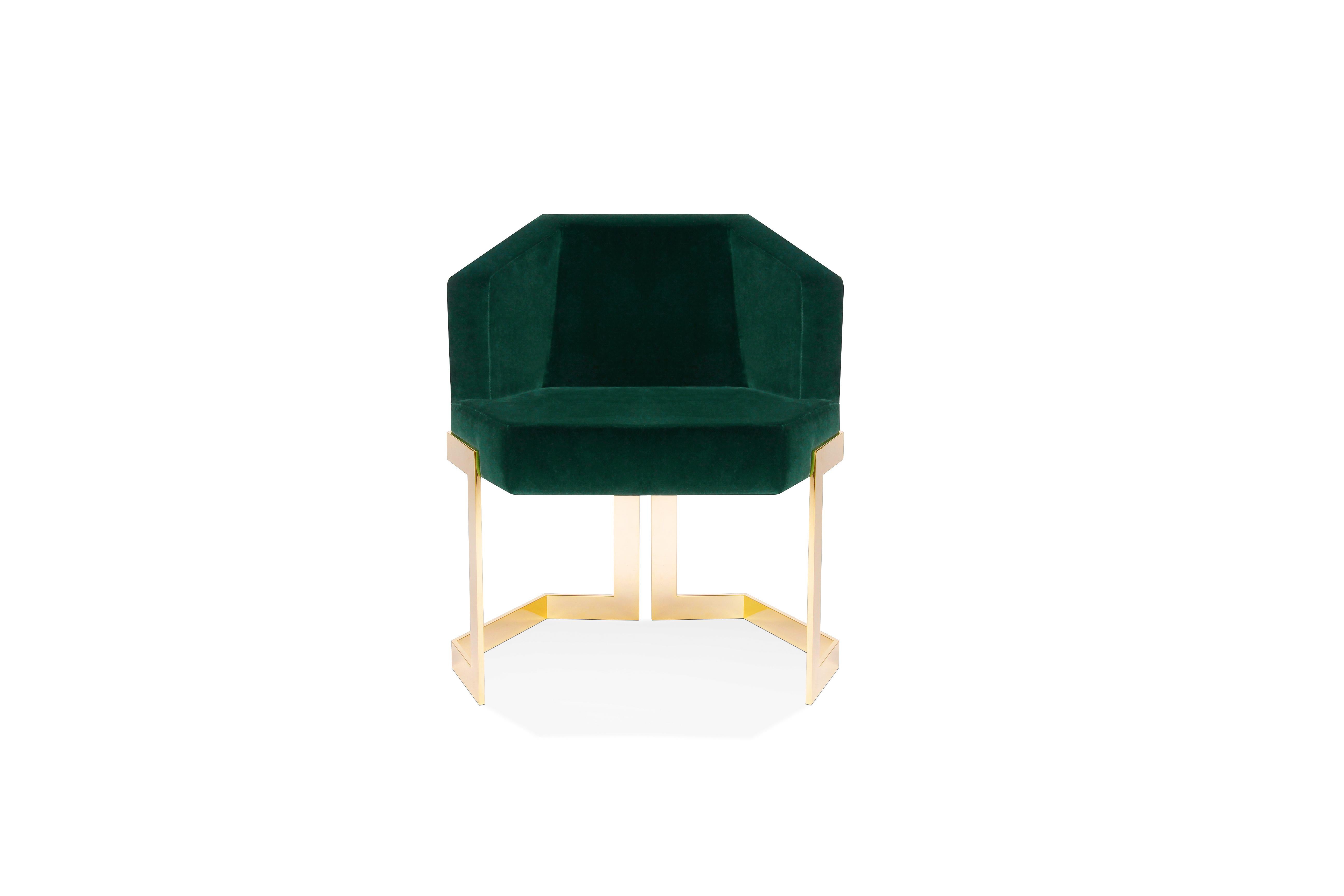The Hive dining chair, Royal Stranger
Dimensions: 65.5 x 55 x 79 cm
Materials: Velvet. Legs polished brass.


A chair with an extremely luxurious vision. The Hive chair, as the name implies, is strong and robust in nature, its hexagonal shape