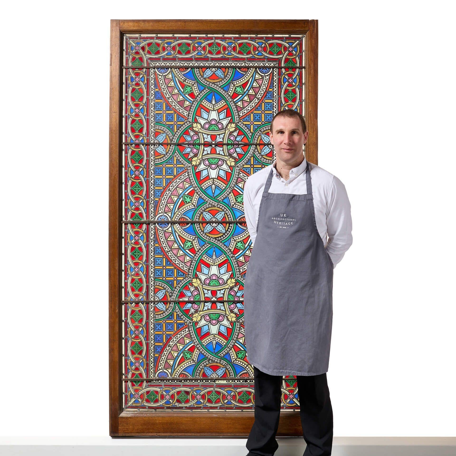 A very large and impressive antique medieval style stained glass window removed from Holkham Hall, Norfolk. This beautifully preserved piece of English history was recently discovered from storage in the Hall’s cellar.
 
Holkham Hall is one of the