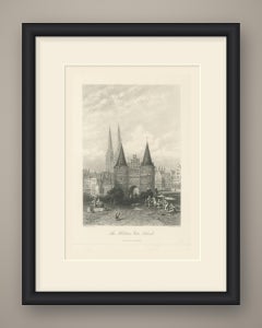 Das Holsteintor, Lübeck, antike Stahlstich nach Carl Werner, um 1877