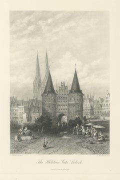 Das Holsteintor, Lübeck, antike Stahlstich nach Carl Werner, um 1877