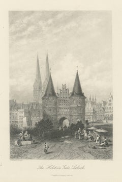 Das Holsteintor, Lübeck, antike Stahlstich nach Carl Werner, um 1885
