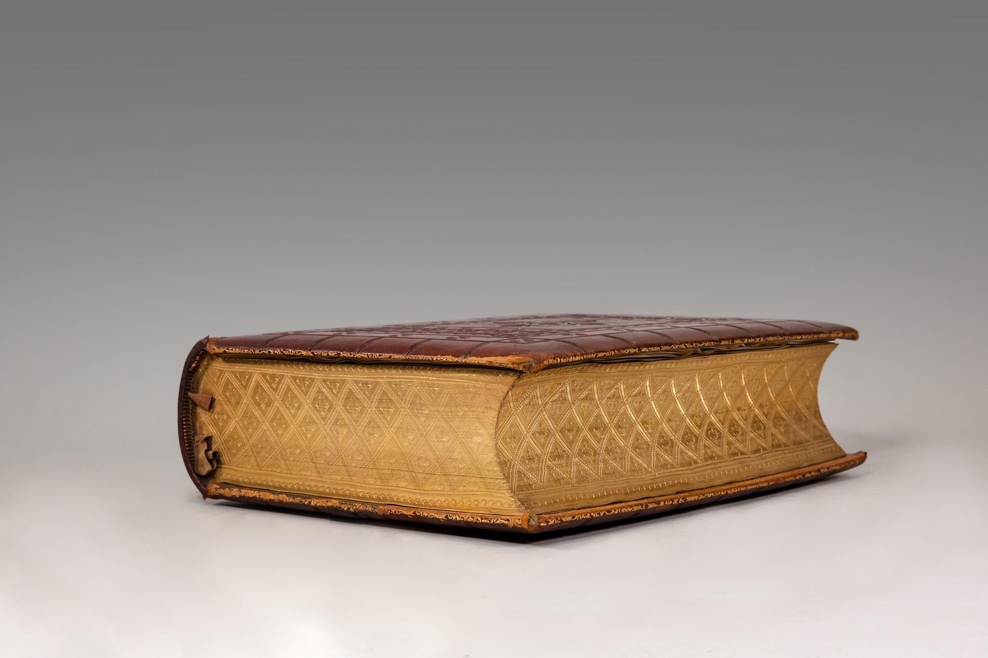 Various authors

One volume. Folio. Containing the old and new testaments. Bound in full brown morocco, blind tooling on covers & spine by Bagster. Raised bands with silk doublures. It contains 7 original illuminated leaves on vellum with