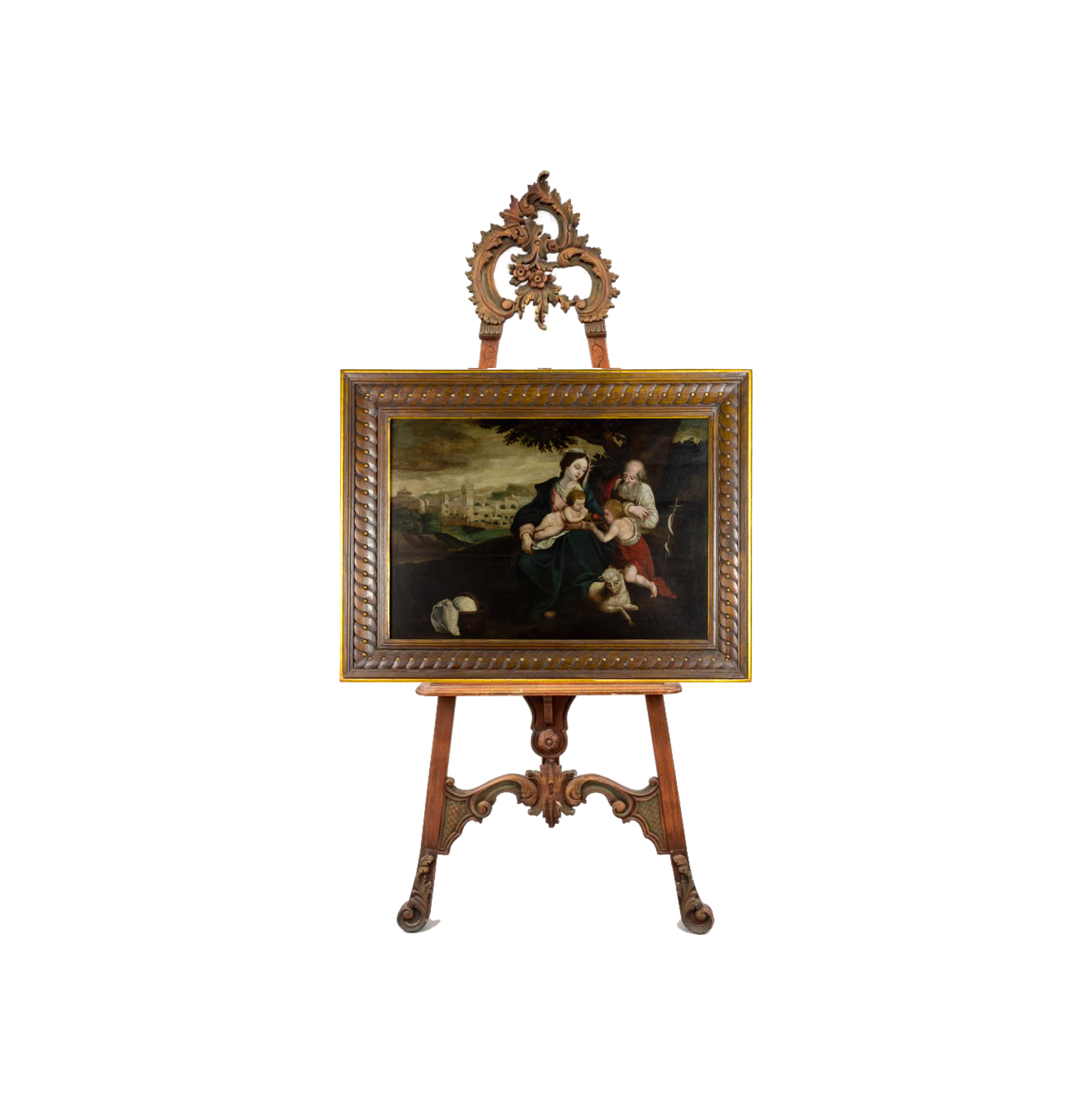 Renaissance The Holy Family And Saint John The Baptist Painting 17th Century Religious Art For Sale